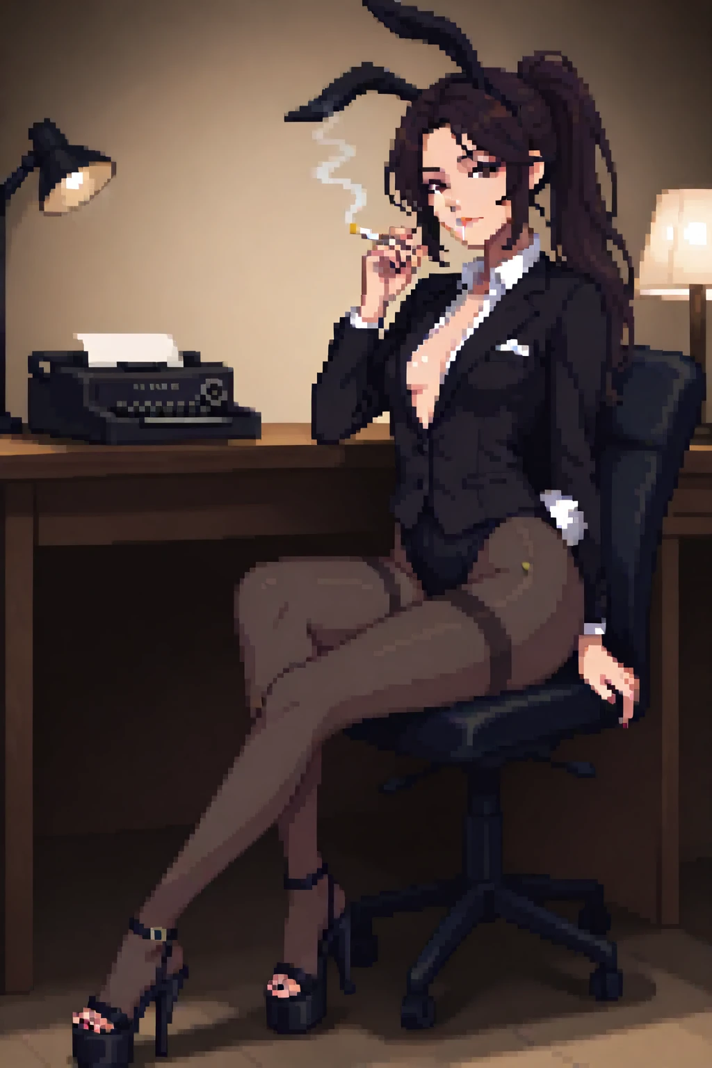 masterpiece, best quality. A full body image of a young beautiful woman. She is Dressed as a sexy private investigator, in a Collared Shirt, trousers, Platform Heels, Clear Heels, clear platform, Stripper Heels, Acrylic Heels, 6" Heels, 2" platform. toes, toenail polish. Confident, Proud, Alluring, Sitting in a chair, at a Desk, Legs Crossed, typewriter, Typing, mechanical typewriter, Smoky, Dark Room, Moody Lighting, Holding a Cigarette, Desk Lamp, Solo, perfect body, sexy, beautiful, eyeliner, Nail Polish. Pretty Nose. Anime, Pixel Art. pixelart. Pixel. SNES Graphics. SNES Style. tasteful sensuality, softcore. Sexy Bunny Woman. Bunny Ears, Bunny Tail, Long Hair, Dark Hair. Small Breasts, Hair in Ponytail, Brown Eyes,
