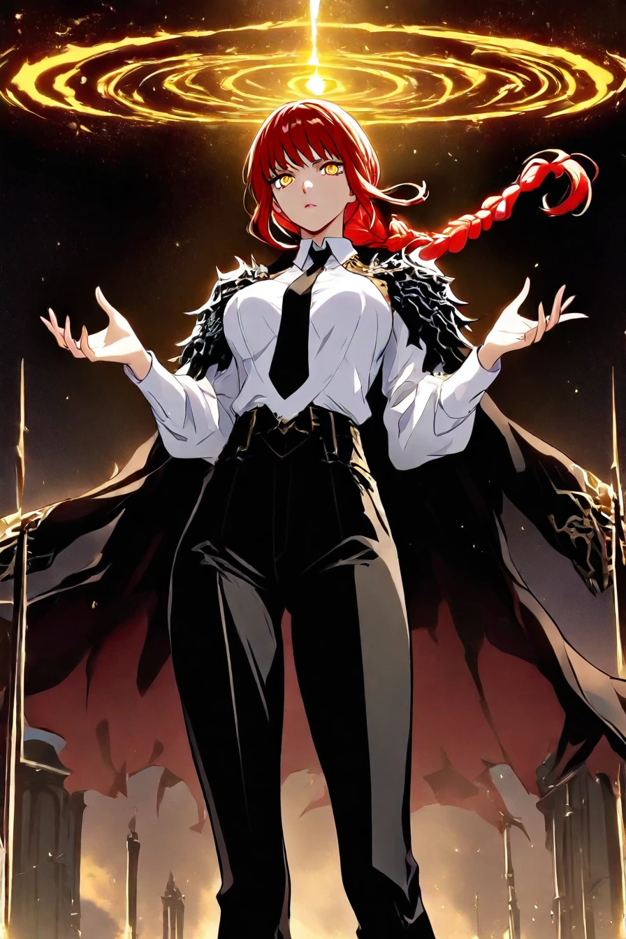 makima, red hair, long hair, yellow eyes, ringed eyes, braid, white collared shirt,black necktie, black pants, 1girl, solo, alone,, <lora:dark_fantasy_epic_illustriousXL_by_zura_janai-000029:1>, dark_fantasy_epic, dark fantasy, masterpiece, highres