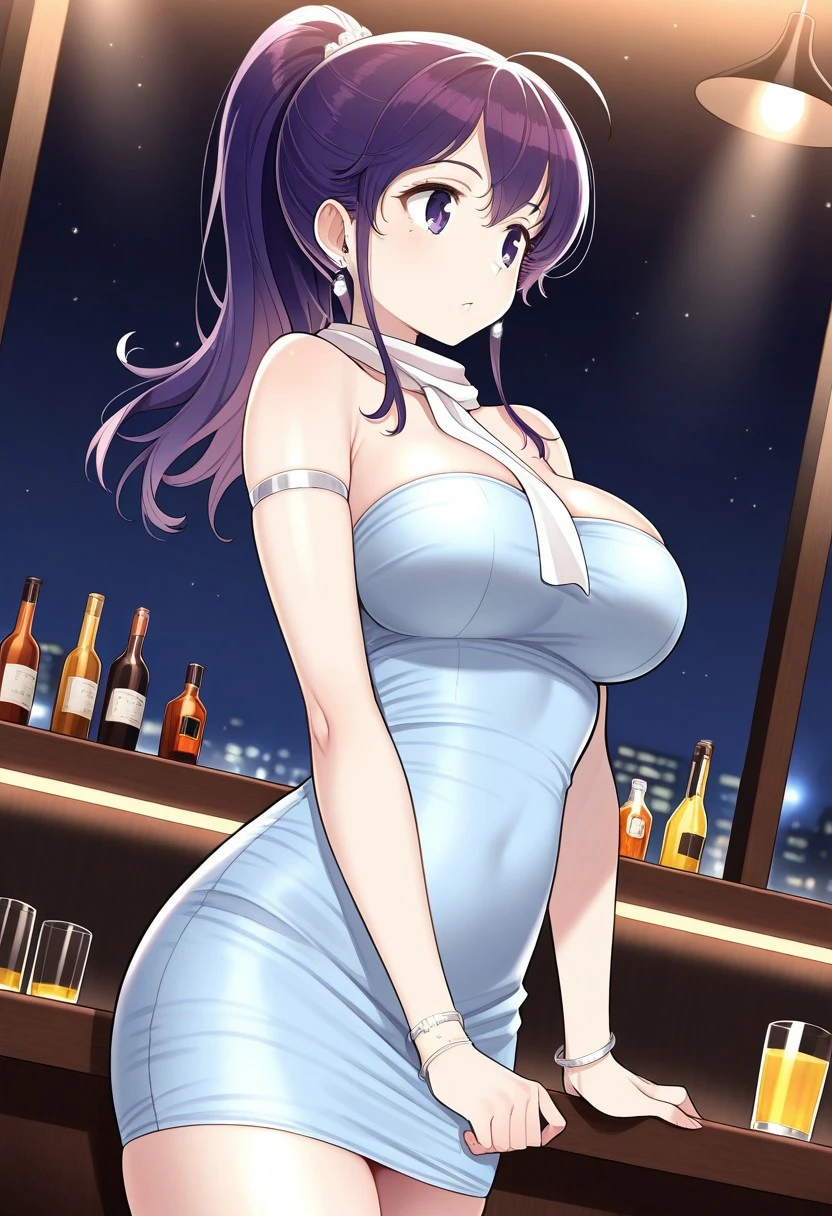 office lady, high resolution, Masterpiece, Anatomically correct, Highly detailed, realistic textures, blushing, dark purple hair, Bangs between the eyes, big breasts, BIG ASS, open mouth, purple eyes, smile showing teeth, woman is salking on street, night sky, aurora backgroung, white shirt, short skirt