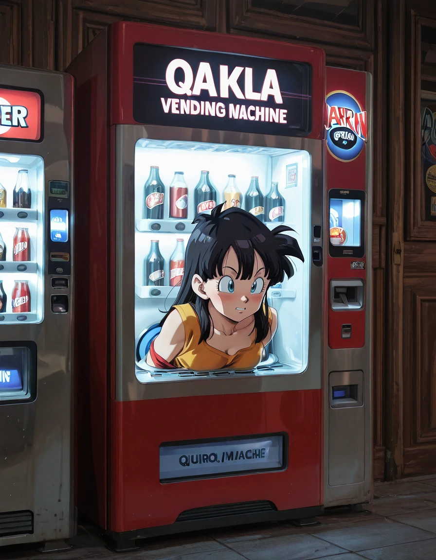 anime artwork masterpiece, best quality,  <lora:VendingMachineQuiron_illus:1>    vendingMachineQuiron ,  trapped inside a beige vending machine, stuck in  object, stuck, public use,  a maroon vending machine , beer, soda, soft drinks,  glass of beer, beer bottle, wine bottle, vending_machine , trapped inside, against glass,   , solo, Goku (Dragon Ball): Goku's iconic orange gi, spiky black hair, and Super Saiyan transformation have made him a legendary character for cosplay within the Dragon Ball series., . anime style, key visual, vibrant, studio anime,  highly detailed