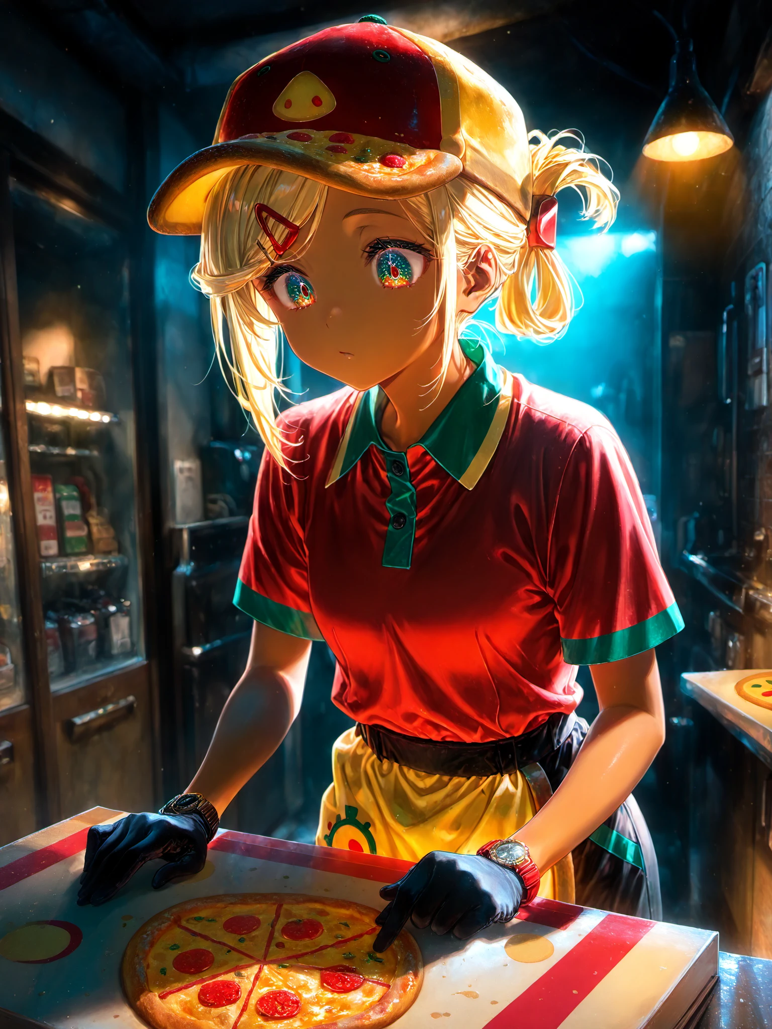 <lora:PizzaCR2XL:1>, PCo_CR, 1girl, dark skin, red two-tone collared shirt, black shorts, medium hair, pizza hat, black gloves, hairclip, short sleeves, polo shirt, pizza apron, folded ponytail, two-tone eyes, wristwatch,
siiqa vivi, shuri (84k) <lora:spo_sdxl_10ep_4k-data_lora_webui:0.5><lora:cfg_scale_boost:0.9> bored, pizza box, dark-skinned female, bored, looking down,
volumetric lighting, masterpiece, best quality, amazing quality, very aesthetic, absurdres, newest, soft lighting, dim lighting, lazypos