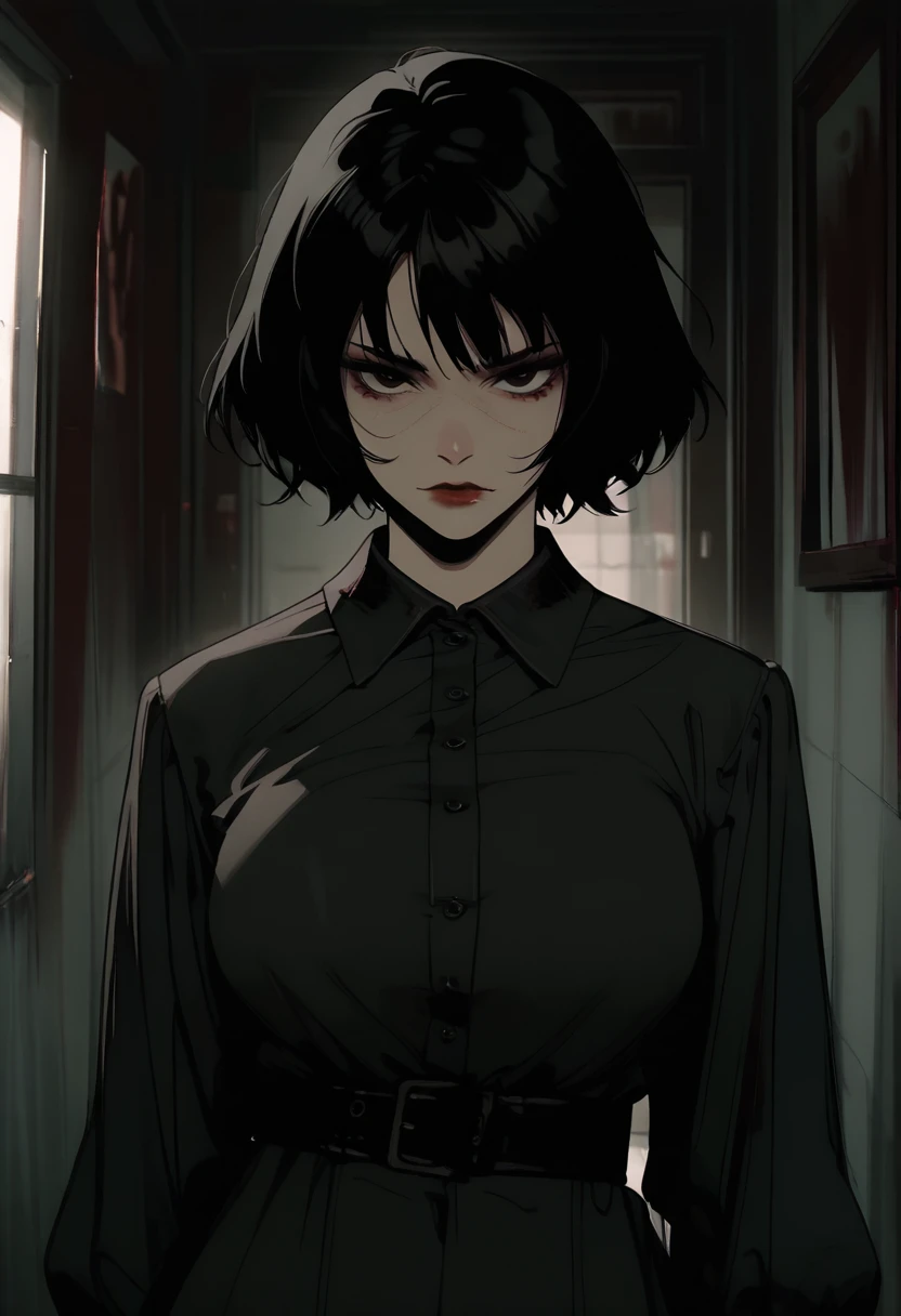 masterpiece, best quality, amazing quality, GTHAN, 1girl, solo, breasts, looking at viewer, short hair, black hair, long sleeves, dress, closed mouth, upper body, indoors, belt, black eyes, buttons, blood, black belt, collared dress, red lips
