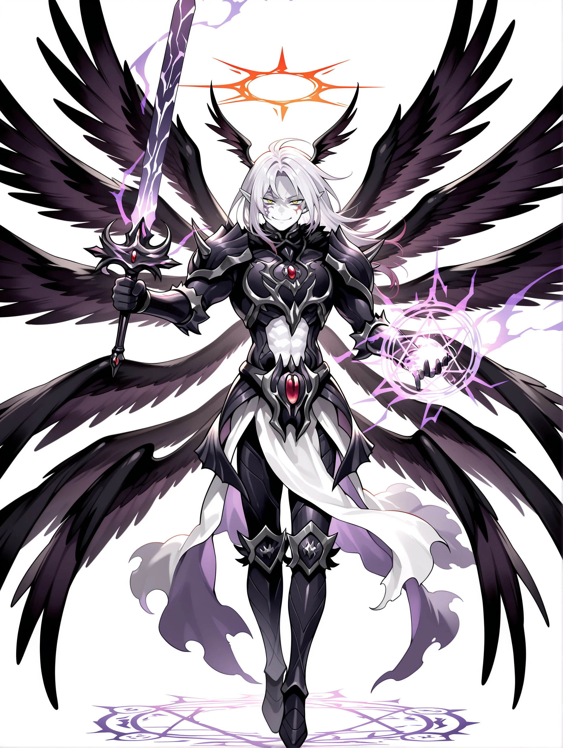 1boy,the first darklord,purple sword,male focus,red halo,solo,holding purple sword,white skin,angel,spikes,black head wings,facial tattoo,full body,black angel wings,black armor,black armored boots,black breastplate,black pauldrons,black vambraces,white pelvic curtain,multiple wings,evil smile, magic circle,
masterpiece,best quality,amazing quality,very aesthetic,absurdres,newest,<lora:The first DarkLord illusXL v1:0.77>,<lora:wai-2Rectified-V140:0.7>,