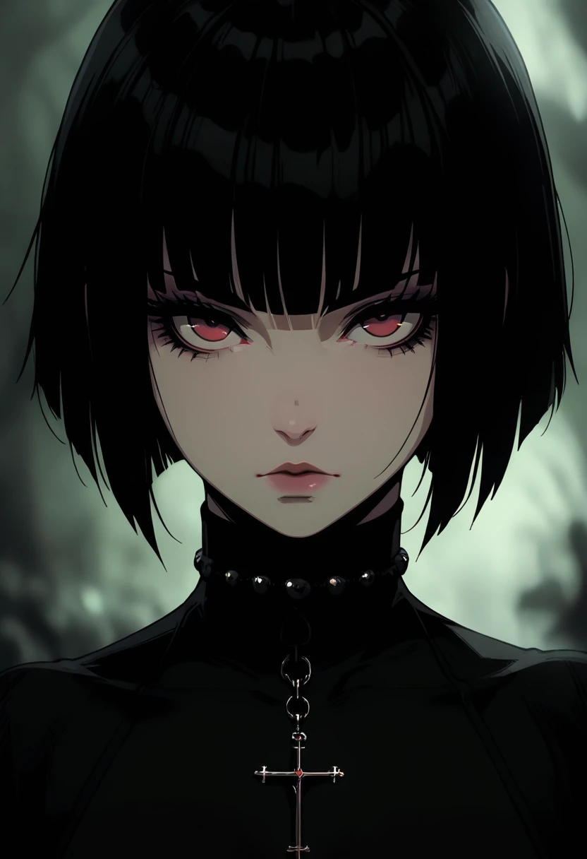 masterpiece, best quality, amazing quality, GTHAN, 1girl, solo, looking at viewer, short hair, black hair, red eyes, closed mouth, jewelry, choker, blunt bangs, necklace, blurry, eyelashes, lips, blurry background, makeup, turtleneck, bob cut, portrait, cross, goth fashion