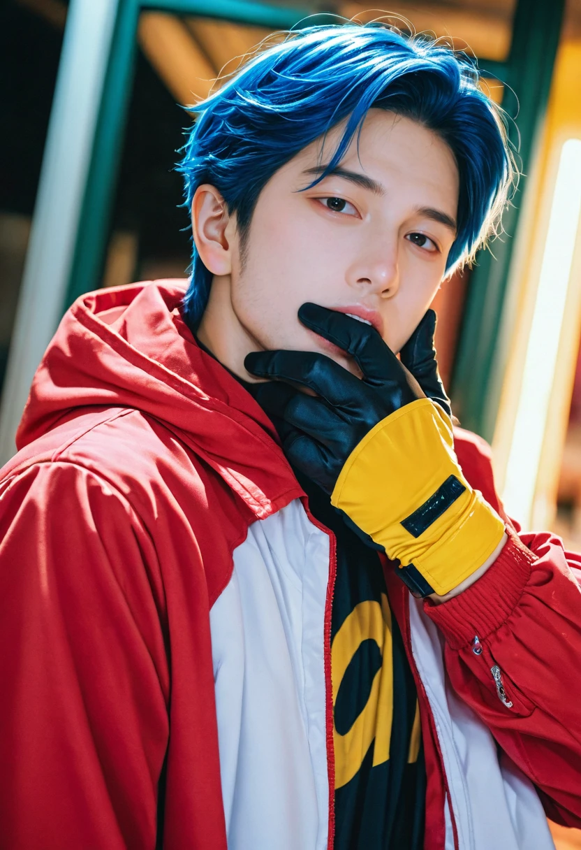cosplay photo, solo, male focus, an asian man,1boy,gloves, short hair, cosplay, looking at viewer, looking back, professional photography, 4k photo, face, pale skin, film grain, realistic, jacket, hood, lips, upper body, blue hair, biting, parted lips,
fine fabric emphasis,(realistic,photorealistic:1.2),(very awa,masterpiece,best quality,newest,highres,absurdres:1),photo, cosplay photo,photo \(medium\),real life, real life insert, real world location, photo background <lora:asian cosplay photo-noob-V1-lora:0.8>