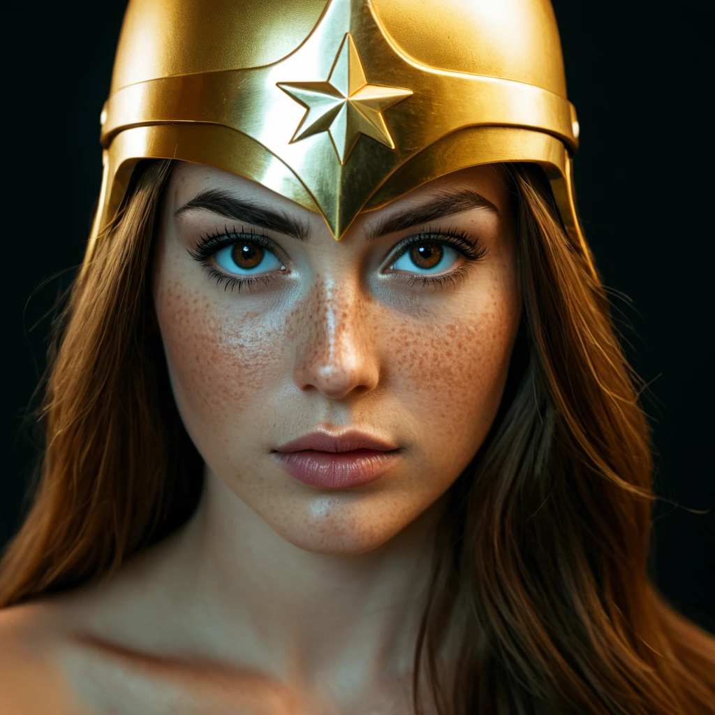 UHD, 4k, ultra detailed, cinematic, a photograph of <lora:Wonder Woman illu v1.1:0.9>
3d Wonder Woman a closeup of a beautiful woman with a golden helmet on her head, perfect image, perfect body, perfect anatomy, Kodak film, high quality photography, wonder woman style, solo, long hair, looking at viewer, simple background, brown hair, brown eyes, closed mouth, star (symbol), lips, black background, portrait, freckles, close-up, nose, photorealistic, closeup, beautiful style, epic, beautiful lighting, inpsiring