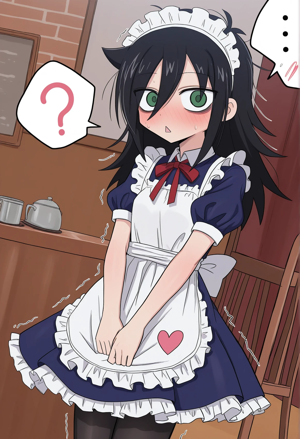 <lora:MCNsSuppaiV2d1:1> MCNs5upq4i,1girl, kuroki tomoko, black hair, solo, green eyes, apron, bags under eyes, pantyhose, long hair, white apron, maid headdress, maid, dress, hair between eyes, short sleeves, frills, heart, black pantyhose, alternate costume, looking at viewer, frilled apron, blush, puffy short sleeves, blue dress, maid apron, ribbon, puffy sleeves, bow, red ribbon, ?, enmaided, messy hair, red bow, cowboy shot, triangle mouth, collared dress, ..., neck ribbon, trembling, spoken question mark, spoken ellipsis, frilled dress, back bow, wide-eyed,cafe, red_interior, dutch angle, night,