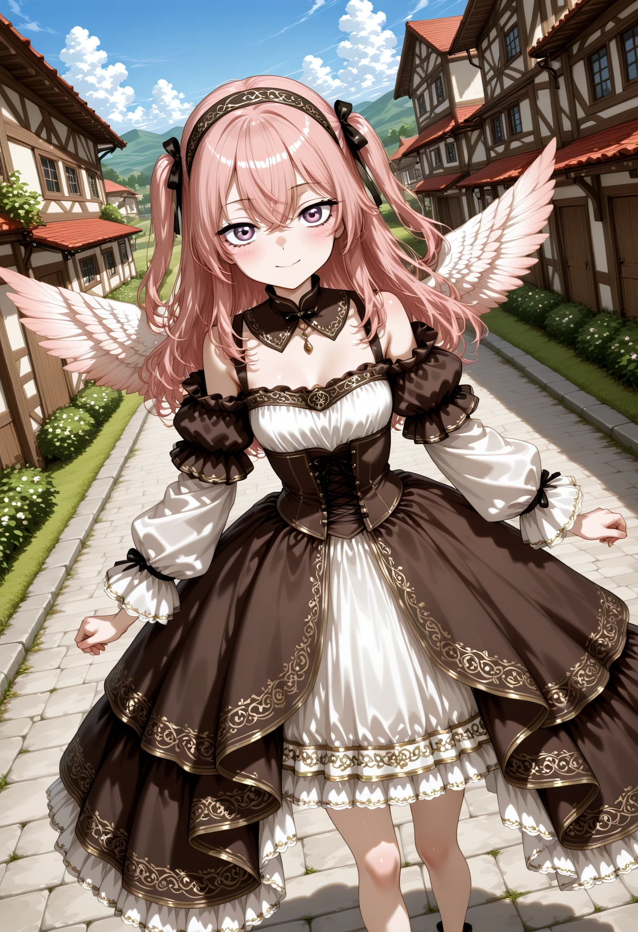 masterpiece, best quality, amazing quality, 1girl, solo, makeup, perspective, general, looking at viewer, dynamic angle, upper body, serene smile, dutch angle, outdoors, date, walk, village, blush, looking at viewer, <lora:SonoBisqueDoll_InuiSajuna_IlluXL:0.9>, long hair, two side up, crossed bangs, pink hair, multicolored eyes, <lora:Latte_Seraphim_Angel_Dress:1>, Latte_Seraphim_Angel_Dress, long sleeves, puffy sleeves, detached sleeves, frilled sleeves, frills, brown dress, white dress, long layered dress, frilled dress, angel wings, bow, hairband, ribbon, detached collar, ((high-low skirt)), corset, bare legs, black footwear, high heels, <lora:wai-Rectified-s:1>, <lora:prompt_extend:1>