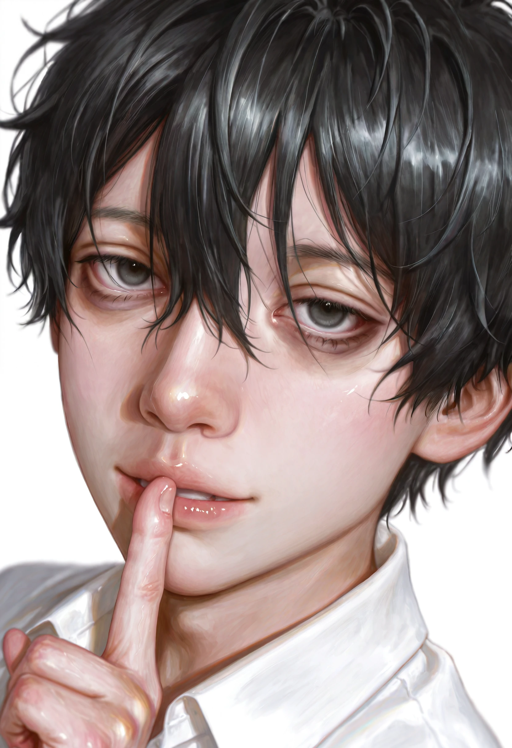 <lora:5p257uY55m95pyI5YWJ-illustriousXL_v01_V4-CAME-000035>, 5p2/57, realistic, 1boy, male focus, solo, shirt, black hair, white shirt, black eyes, finger to mouth, short hair, looking at viewer, white background, bags under eyes, hair between eyes, simple background, parted lips, shushing, sideways, smile, portrait