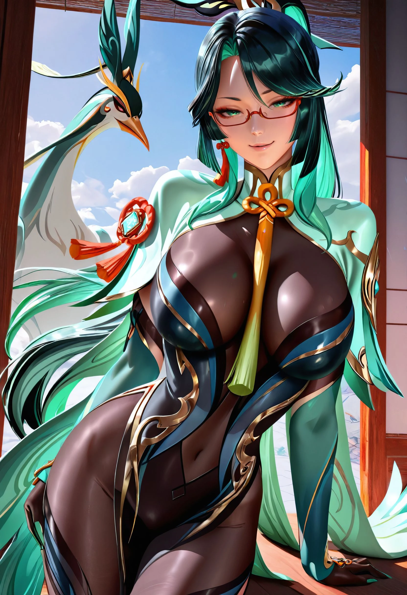 masterpiece,best quality,amazing quality, <lora:zumi_style_ilxl_goofy:1>zumi \(zumidraws\),
cloud retainer \(genshin impact\), xianyun \(genshin impact\), 1girl, bodystocking, breasts, female focus, glasses, green eyes, green hair, large breasts, long hair, multicolored hair, naughty face, thighhighs