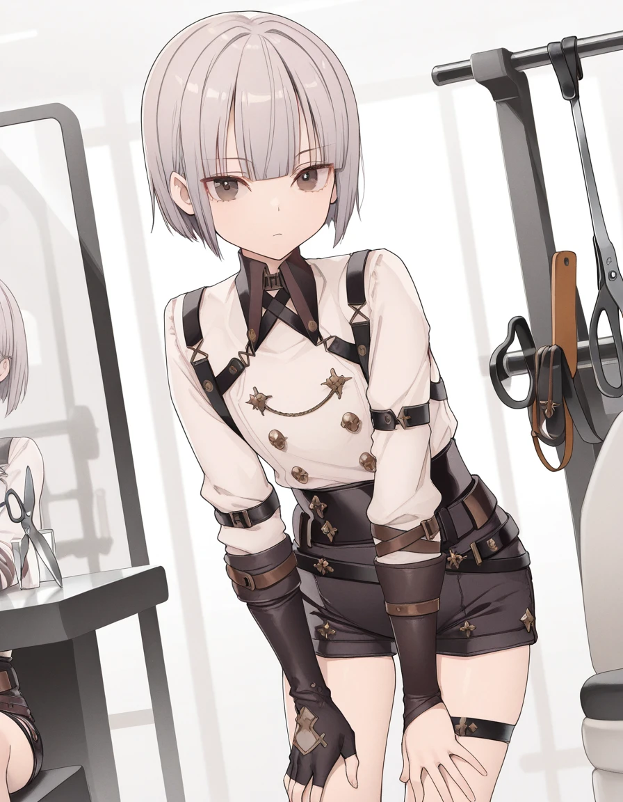 masterpiece, best quality, amazing quality,, <lora:towatsugai-suzume-illustriousxl-lora-nochekaiser:1>, suzume, short hair, bangs, brown eyes, grey hair, androgynous,, shirt, gloves, long sleeves, white shirt, shorts, black gloves, collared shirt, belt, fingerless gloves, thigh strap, black shorts, single glove, hands on own knees, salon, chairs, mirrors, scissors, beauty, cowboy shot, solo, looking at viewer