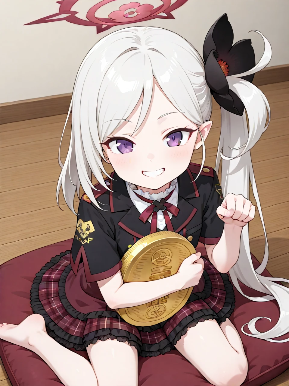 <lora:æãç«+å°å¤:1> girl, one paw pose, other paw hugging oval-coin, sitting on cushion, mutsuki/blue archive, uniform