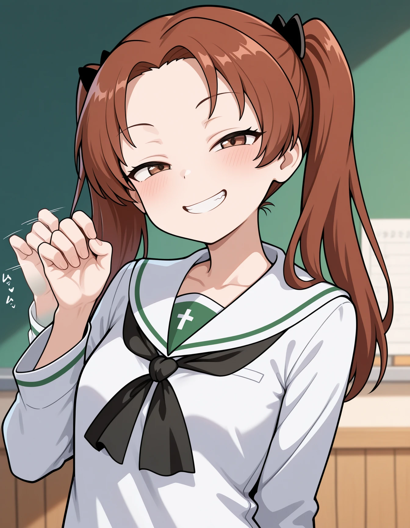 1girl,  grin, assertive female,   handj0b gesture,  single hand up, looking at viewer,  (hand afterimage:0.8), <lora:handjob gesture_IL_v1-000040:0.7> kadotani anzu, twintails, brown eyes, ooarai school uniform, half-closed eyes, small , black neckerchief,, masterpiece, best quality, amazing quality, very aesthetic, absurdres,  newest,