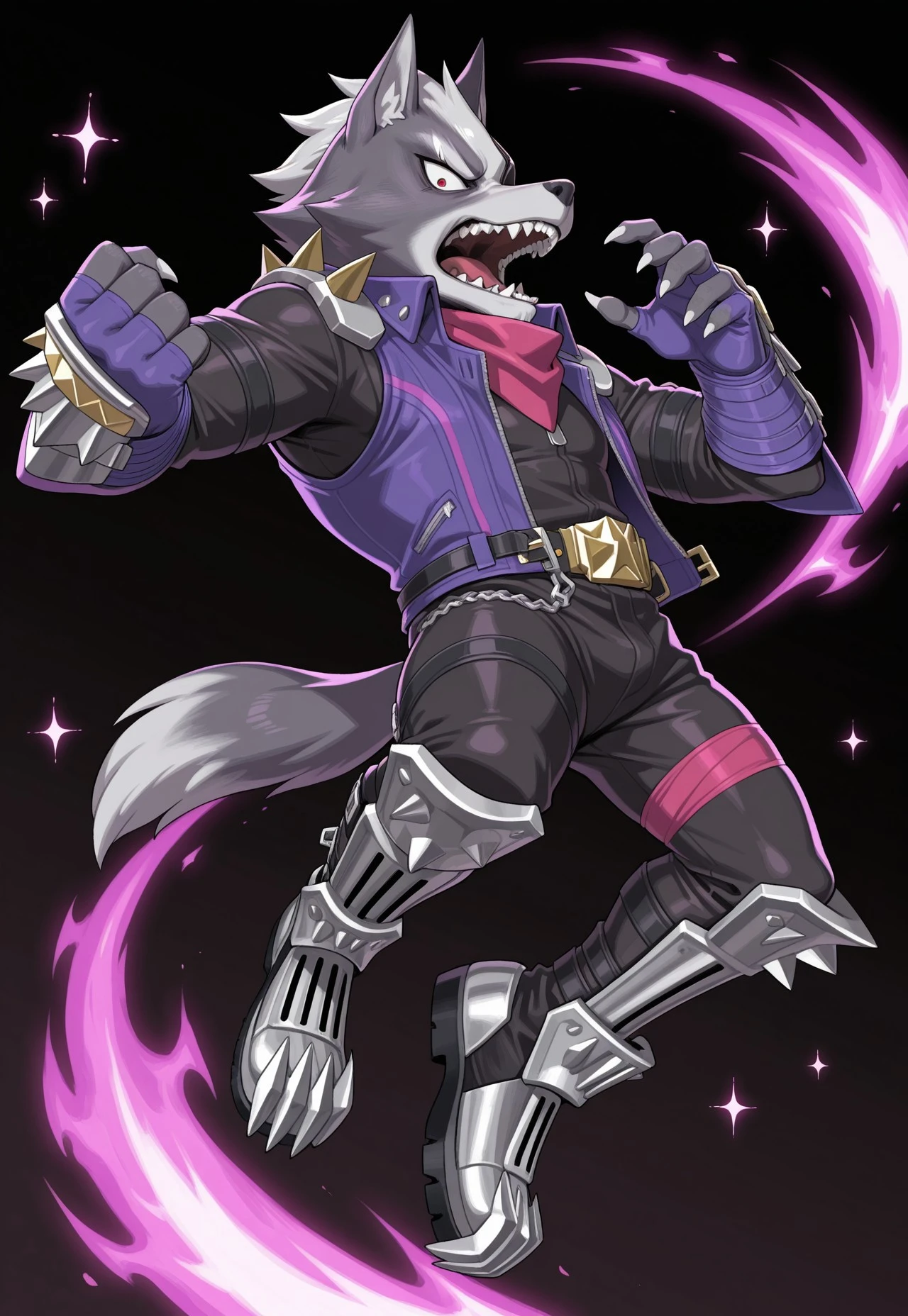 masterpiece, best quality,amazing quality, black outline, full body, black background, pink and blue flames in background, sparkles, dynamic angle, solo, jumping, action pose, Wolf O'Donnell, Red Eye, Eyepatch On Right Eye, Pink Kerchief, Purple Sleeveless Jacket, Black Bodysuit, Purple Fingerless Gloves, Metal Boots, Gold Buckle, looking at viewer, angry, open mouth, anthro, tail, mature male