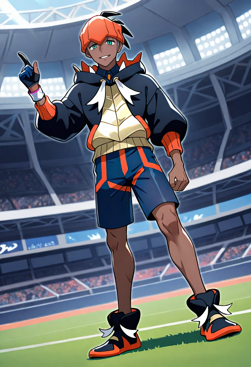 RaihanPKMN, RaihanSWSH, 1boy, orange_headwear, spiked_hair, black_hair, short_hair, dark-skinned_male, aqua_eyes, stud_earrings, navy_hoodie, navy_collared_shirt_orange_stripe, athletic_blue_shorts, navy_athletic_shoes_orange_trim_white_tassels_gold_buckle, (single_glove:1.3, blue_glove_on_right_hand:1.3, black_index_finger_on_right_glove:1.5, exposed_thumb_on_right_glove:1.5), bare_left_hand, dynamax band, full body, stadium, <lora:Raihan:1>, standing,