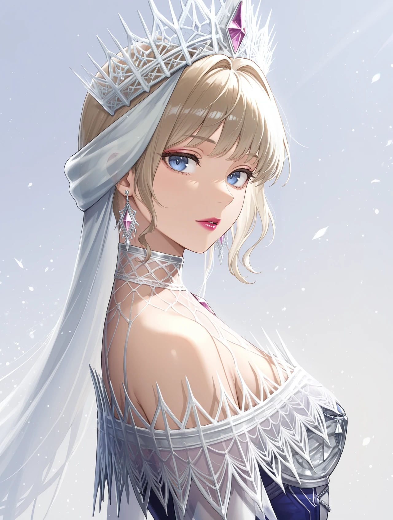 looking to the side,velkhana armor,blue long dress,1girl,solo,upper body,lipstick,silver crown,silver earrings,looking at viewer,
masterpiece,best quality,amazing quality,very aesthetic,absurdres,newest,<lora:Velkhana Armor Beta illuXL v1.1:0.7>,