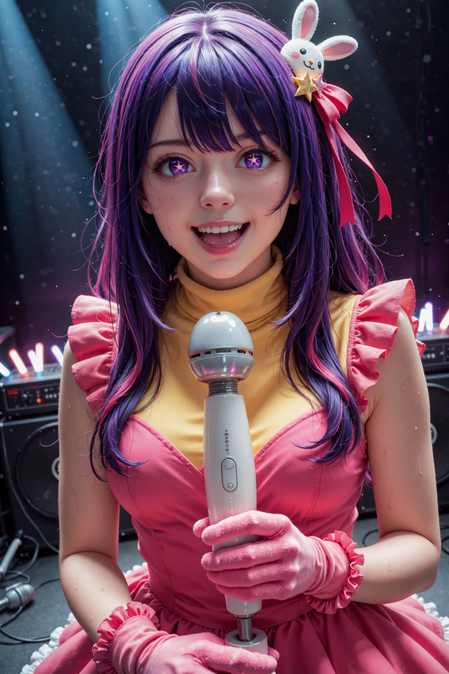 1girl,hoshino ai \(oshi no ko\),oshi no ko,microphone,idol,hair ornament,pink gloves,gloves,idol clothes,star (symbol),purple hair,star-shaped pupils,purple eyes,hoshino ai \(cosplay\),solo,
holding microphone,holding,long hair,open mouth,serious,shouting,sweatdrop,(hitachi magic wand:1.2),glowstick,symbol-shaped pupils,star hair ornament,(sweat:1.1),rabbit hair ornament,dress,turtleneck dress,pink dress,teeth,pink ribbon,smile,looking at viewer,frilled dress,heart,frills,upper body,hair between eyes,ribbon,heart brooch,brooch,star in eye,sidelocks,:d,frilled gloves,music,symbol in eye,(singing:1.6),sleeveless dress,multicolored hair,(dynamic angle:2),(yellow shirt:1.2),frilled sleeves,stage,
(realistic:1.5),(photorealistic:1.5),(cosplay photo:1.5),(masterpiece, best quality, newest, absurdres, highres:1.5),(real life:1.5),