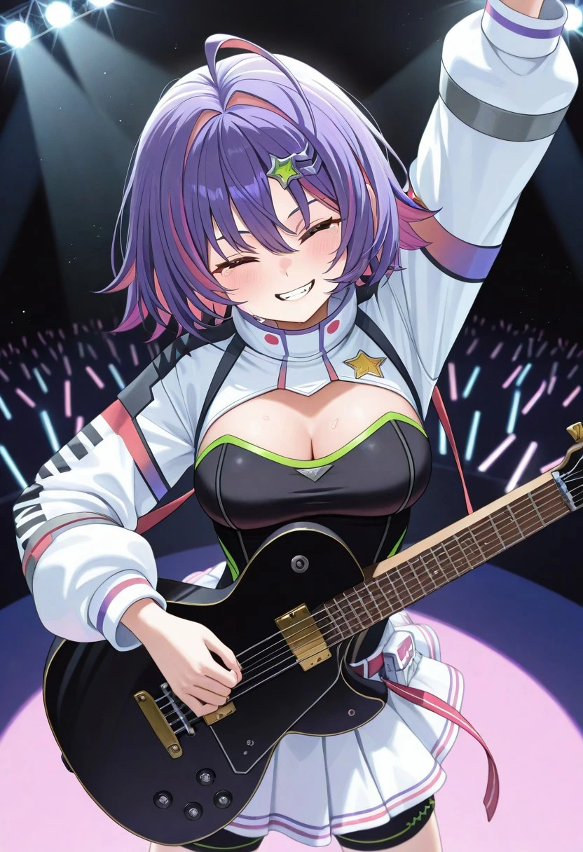 masterpiece, best quality,
1girl, riko solari,
red eyes,
purple hair, colored inner hair, short hair,
hairclip,
medium breasts, cleavage,
shrug (clothing),
black leotard, leotard under clothes,
white skirt,
bike shorts, shorts under skirt,
fang,
looking at viewers, tears, playing guitar, spotlight, stage, arm up, grin, closed eyes,