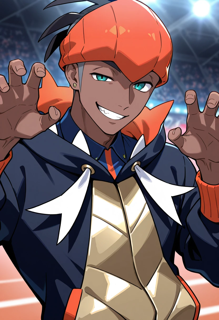 masterpiece, general,absurdres,newest,perfect quality, best quality, absolutely eye-catching, ambient occlusion, raytracing, RaihanPKMN, RaihanSWSH, 1boy, orange_headwear, spiked_hair, black_hair, short_hair, dark-skinned_male, aqua_eyes, stud_earrings, navy_hoodie, navy_collared_shirt_orange_stripe, upper body, claw pose, grin, teeth, uneven eyes, <lora:Raihan:1>