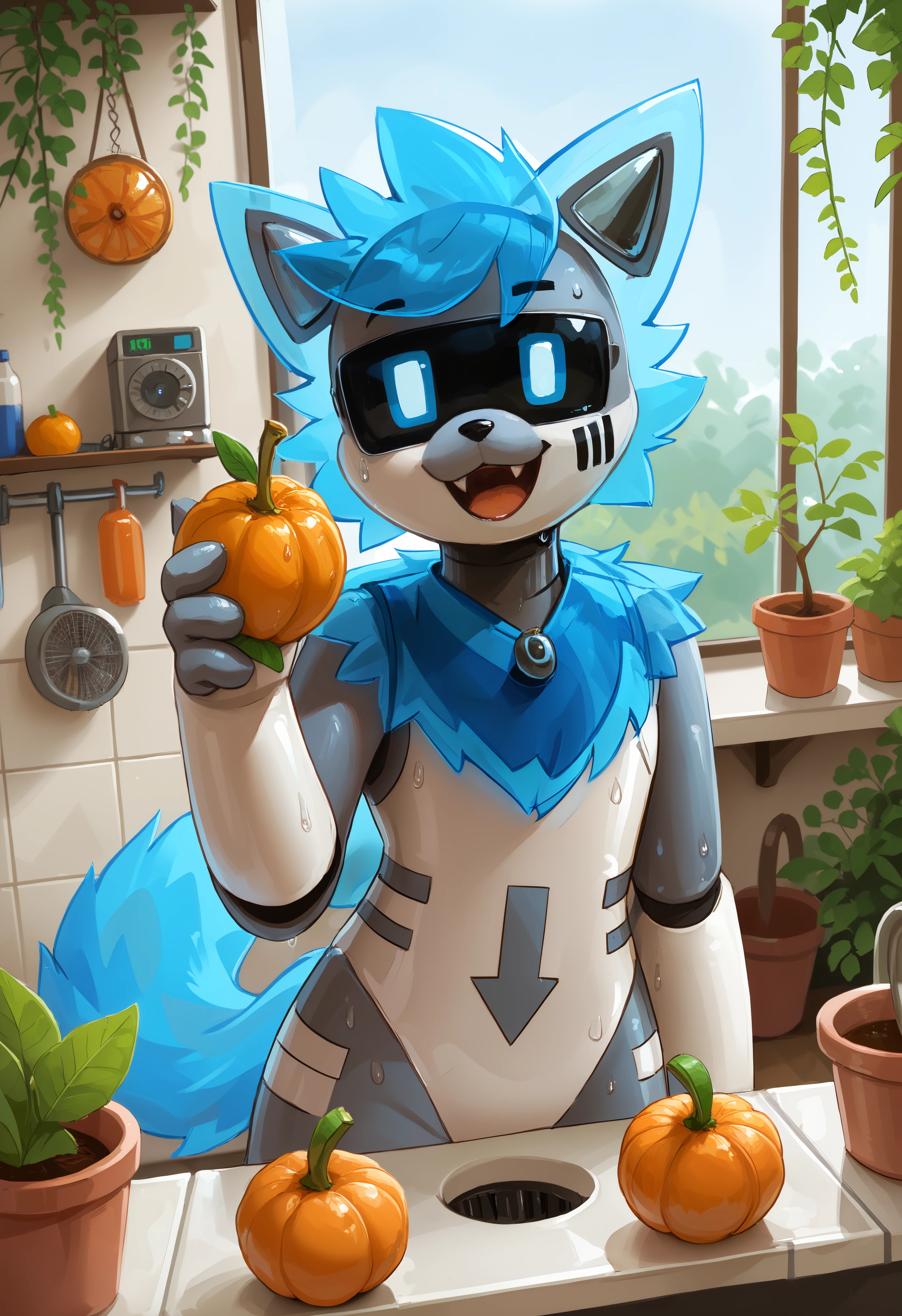 score_9, score_8_up, score_7_up, source_furry, high quality, hires, furry, anthro, looking at viewer, barefoot, adult, dutch angle, robot, pr0t0type, changed, solo, furry, tail, looking at viewer, open mouth, smile, standing, hand up, (upper body:1.15), fangs, waving, selfie, tail, ^_^, metal body, blue hair, wet, plant, greenhouse, charging station, charges itself, indoor, pipes, displays, valves, ventilation, leg rised, knees raised, (holding mandarin orange:1.15), (upper body:1.15), portrait, open mouth, looking at viewer, flirty expression, seductive glance, sound effect, motion lines <lora:Prototype_Changed_Pony:0.7>