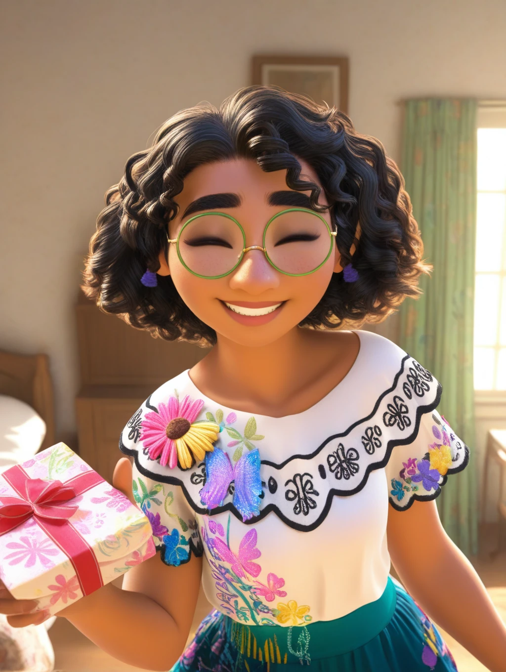 masterpiece, best quality, amazing quality, very aesthetic, absurdres, newest, Mirabel_Madrigal, short hair, curly hair, black hair, green glasses, brown eyes, brown skin, lips, 1girl, looking at viewer, floral print, blue skirt, white shirt, short sleeves, frills, butterfly print, standing, bedroom, closed eyes, smile, teeth, holding gift, portrait, original style