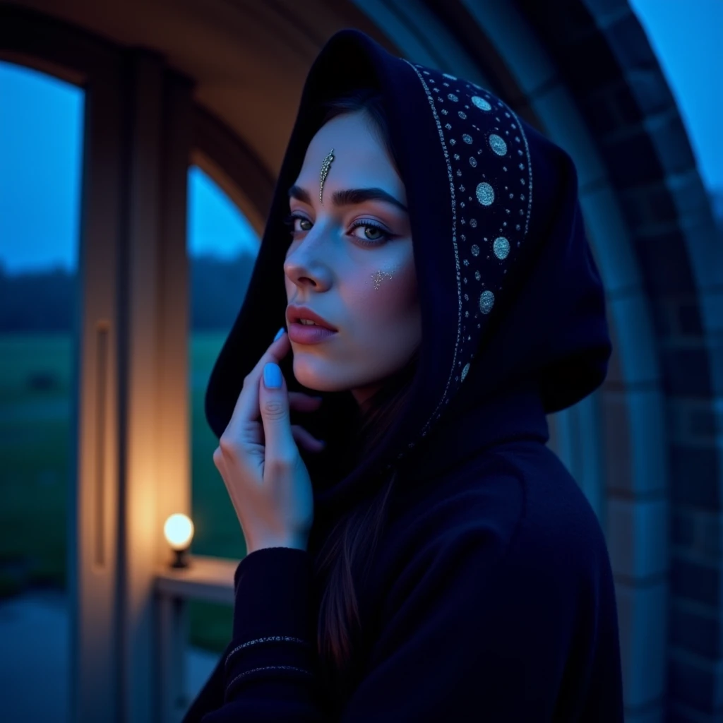 half-body analog portrait of a woman standing near a stone archway wrapped in deep blue twilight, wearing a midnight-colored hooded robe embroidered with lunar motifs, her hand gently resting over her heart, soft-focus candlelight illuminates the faint gold flecks in her makeup, background fades into cool blur, shot on Canon A-1 with Portra 800, tender lighting and calm expression create a moment of spiritual introspection.mgdssv2