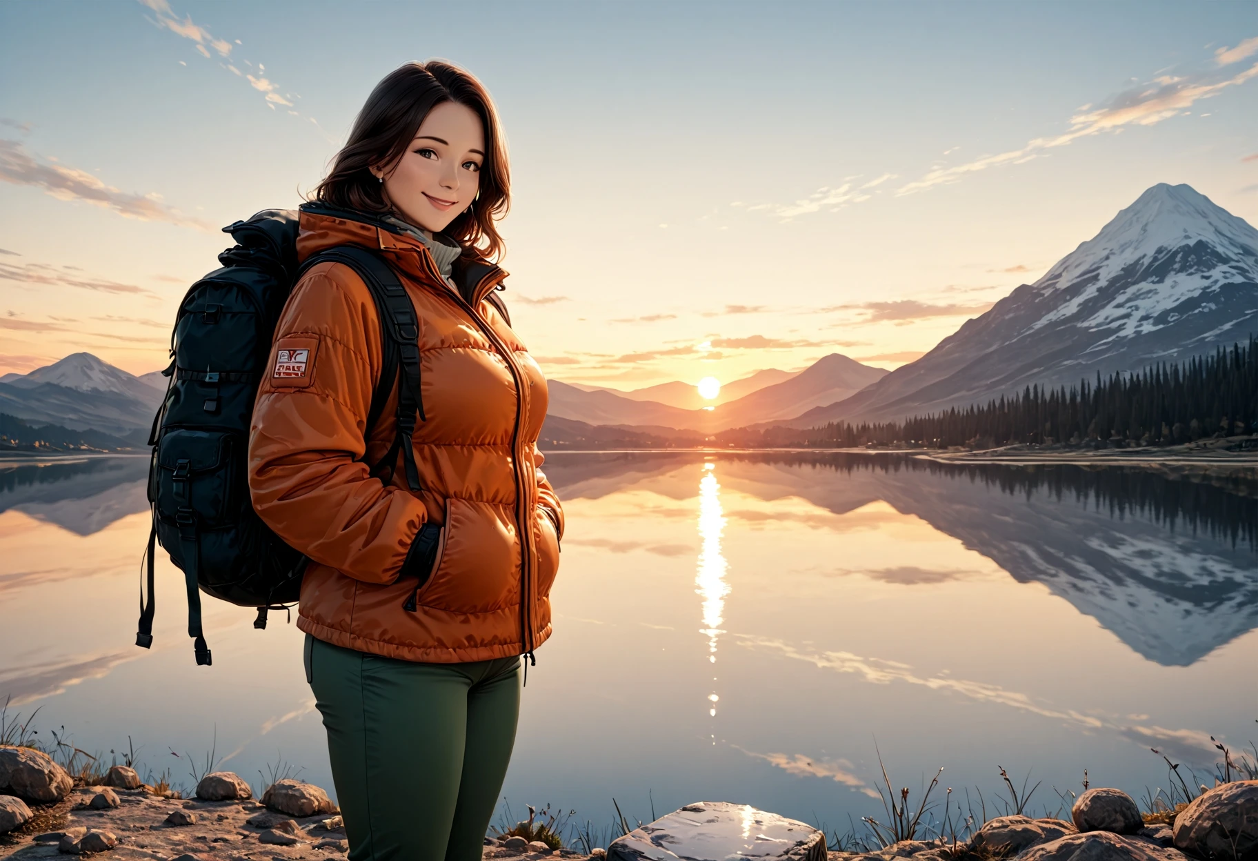 1girl, mature female,
hiking clothes, rucksack, coat, pants,
mountain, mountainous horizon, sunset, reflection, smile,