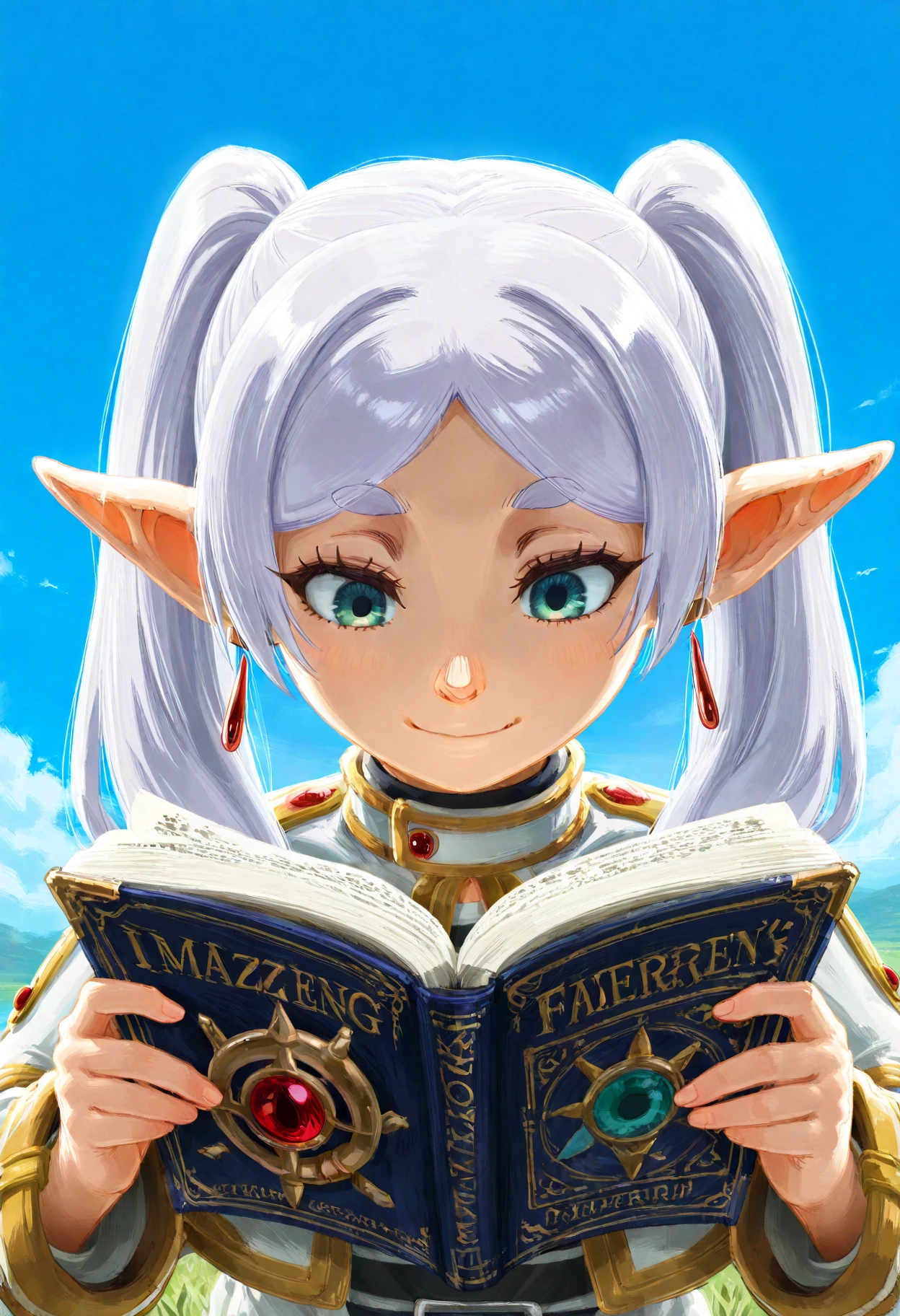 best quality, amazing quality, very aesthetic, absurdres,
botw,
close-up, 1girl, frieren,
reading, looking down, smile,
outdoors, day, <lora:BOTWv4Noob_byKonan:1>