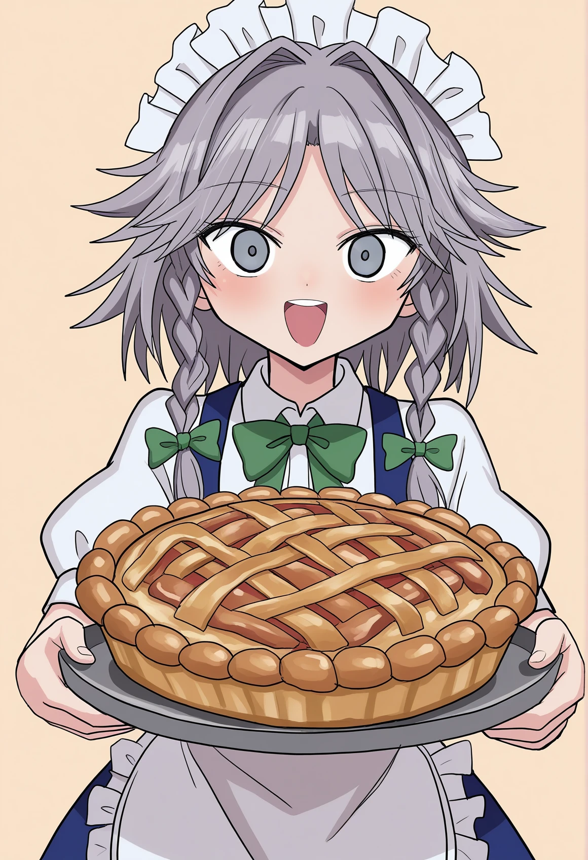 <lora:MCNsSuppaiV2d1:1> MCNs5upq4i,1girl, izayoi sakuya, solo, food, braid, green bow, maid headdress, twin braids, open mouth, bow, apron, grey eyes, short sleeves, holding, smile, upper body, green bowtie, maid, tray, looking at viewer, puffy sleeves, grey hair, white shirt, blue dress, shirt, puffy short sleeves, holding tray, dress, short hair, bowtie, upper teeth only, white apron, hair bow, pie, teeth, maid apron, medium hair, collared shirt, white hair, :d, waist apron, frills, plate, blue eyes,
