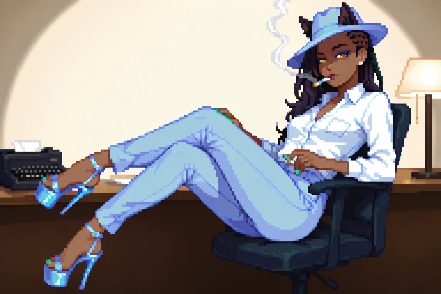 masterpiece, best quality. A full body image of a young beautiful woman. She is Dressed as a sexy private investigator, in a Collared Shirt, trousers, Fedora Hat, Platform Heels, Clear Heels, clear platform, Stripper Heels, Acrylic Heels, 6" Heels, 2" platform. toes, toenail polish. Confident, Proud, Alluring, Sitting in a chair, at a Desk, Legs Crossed, typewriter, Typing, mechanical typewriter, Smoky, Dark Room, Moody Lighting, Holding a Cigarette, Desk Lamp, Solo, perfect body, sexy, beautiful, eyeliner, Nail Polish. Pretty Nose. Anime, Pixel Art. pixelart. Pixel. SNES Graphics. SNES Style. tasteful sensuality, softcore. Sexy Cat Woman. Cat Ears, Cat Tail, Dark Skin, Long Hair, Dark Hair, (Cornrows:1.2), (Caribbean Woman:1.1), dark_skin, dark-skin, black woman. Small Breasts, Yellow Eyes,