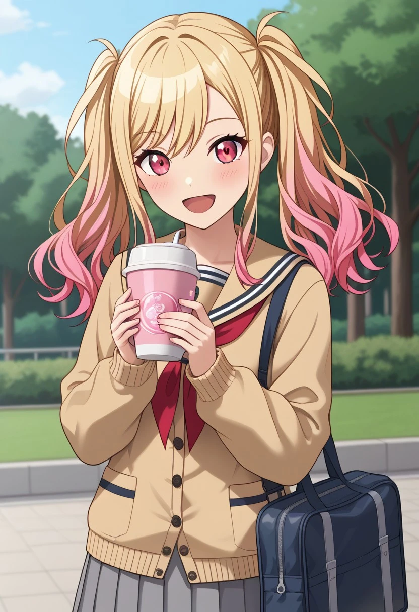 (masterpiece:1.4), (best quality:1.4), (ultra-detailed:1.3), (very aesthetic:1.3), (absurdres:1.4), (perfect anatomy:1.3), looking at viewer, twintails, multicolored hair, gradient hair, red eyes, pink eyes, pink hair, blonde hair, long hair, tenmasaki, school uniform, smile, open mouth, :d, red neckerchief, neckerchief, skirt, serafuku, holding, bag, pleated skirt, sailor collar, yellow cardigan, long sleeves, cup, cardigan, blush, school bag, grey skirt, short twintails