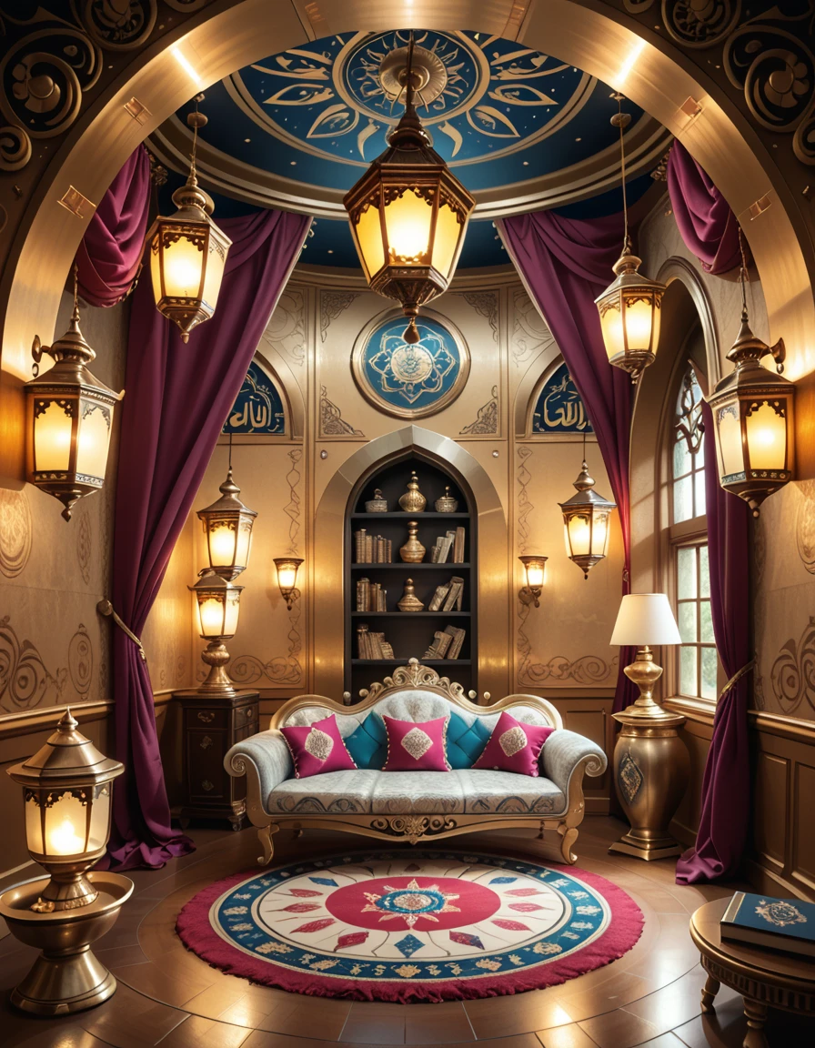 The interior of a genieâs lamp, imagined as a luxurious, mystical chamber with ornate Arabian decor. The space is curved and enclosed, with golden walls engraved with swirling patterns and ancient calligraphy. Rich fabrics in deep reds and purples drape from the ceiling and line the walls. A low, jewel-encrusted divan with embroidered cushions sits at the center on a circular mosaic floor. Hanging lanterns cast a warm, magical glow, reflecting off the golden surfaces. Incense burners rest in the corners, and the air seems to shimmer with enchantment. No characters are present.genie lamp 1nt3r10r, <lora:genie_lamp_1nt3r10r-p:1>,score_9, score_8_up, score_7_up,amazing quality, ultra realistic, 3D, HD, best quality, amazing quality, very aesthetic, absurdres,