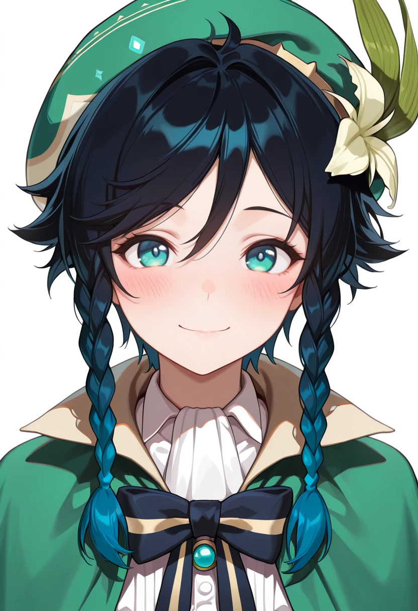 1boy,
amazing quality, high resolution, ultra-detailed, venti, solo, hat, lipstick mark, smile, simple background, green headwear, white background, beret, looking at viewer, twin braids, bangs, green eyes, cape, closed mouth, short hair with long locks, collared cape,
masterpiece, best quality, very aesthetic, absurdres