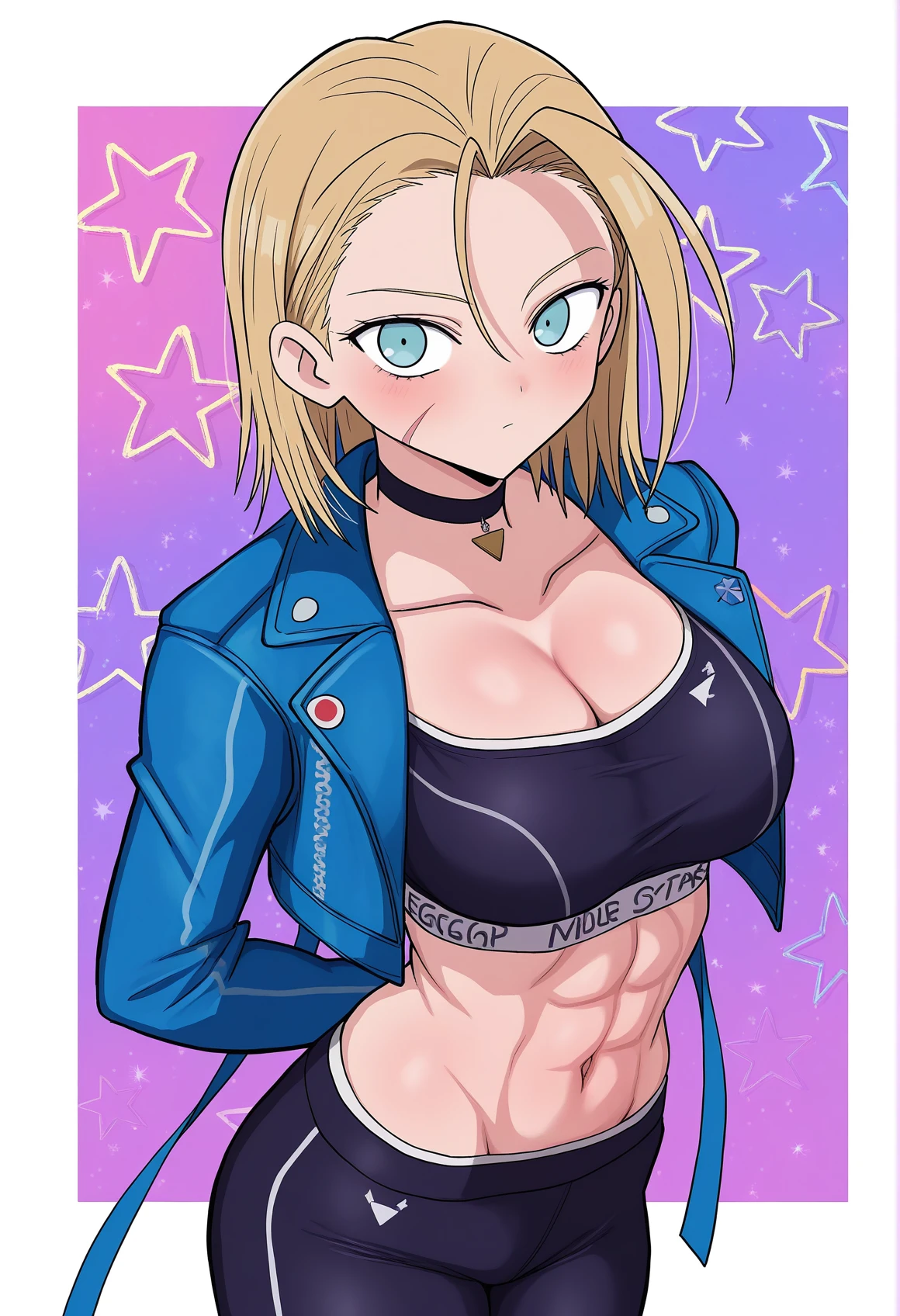<lora:MCNsSuppaiV2d1:1> MCNs5upq4i,colorful background, stars background, drawn stars background, colorful stars on background, three quarter view, from above,
1girl, cammy white, solo, blonde hair, jacket, blue eyes, breasts, blue jacket, navel, scar, scar on face, pants, choker, scar on cheek, midriff, looking at viewer, cleavage, open jacket, sports bra, open clothes, black sports bra, short hair, crop top, closed mouth, pendant choker, black pants, official alternate costume, collarbone, stomach, medium hair, black choker, yoga pants, long sleeves, cropped jacket, cowboy shot, medium breasts, arm behind back, strapless, large breasts, tight pants, white border, abs