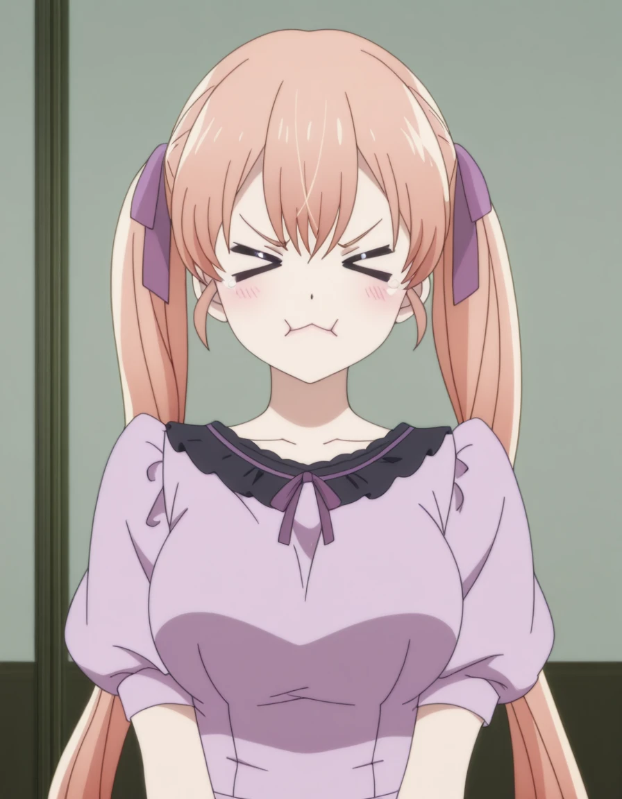 masterpiece, best quality, amazing quality,, <lora:erika-amano-s1-illustriousxl-lora-nochekaiser:1>, erika amano, long hair, ribbon, twintails, purple eyes, hair ribbon, orange hair, mature female, breasts, anime screencap, <lora:xd-illustriousxl-lora-nochekaiser:1>, xd, > <, closed eyes,