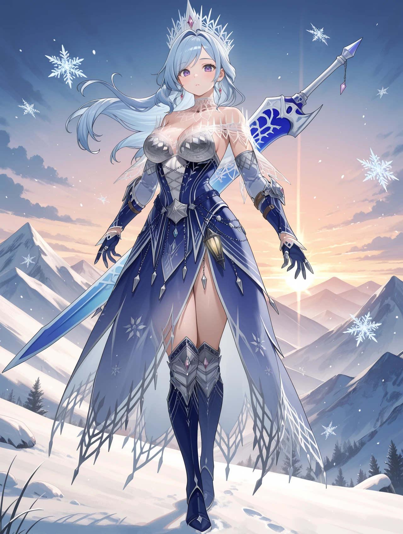 velkhana armor, 1girl, solo, large breasts, weapon on back, blue hair, full body, looking at viewer, long hair, silver crown, purple eyes, blue gloves, blue long dress, blue thigh boots, standing, huge blue sword, mountain, silver earrings, sunset, white theme, snowflakes,
masterpiece,best quality,amazing quality,very aesthetic,absurdres,newest,<lora:Velkhana Armor Beta illuXL v1.1:0.7>,