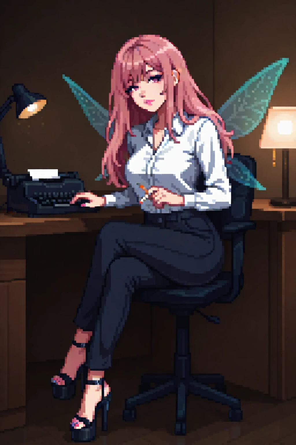 masterpiece, best quality. A full body image of a young beautiful woman. She is Dressed as a sexy private investigator, in a Collared Shirt, trousers, Platform Heels, Clear Heels, clear platform, Stripper Heels, Acrylic Heels, 6" Heels, 2" platform. toes, toenail polish. Confident, Proud, Alluring, Sitting in a chair, at a Desk, Legs Crossed, typewriter, Typing, mechanical typewriter, Smoky, Dark Room, Moody Lighting, Holding a Cigarette, Desk Lamp, Solo, perfect body, sexy, beautiful, eyeliner, Nail Polish. Pretty Nose. Anime, Pixel Art. pixelart. Pixel. SNES Graphics. SNES Style. tasteful sensuality, softcore. Sexy Fairy. Beautiful fairy wings, Bright and Colorful Fairy Wings, Translucent Fairy Wings, Long Hair, Pink Hair, Bangs. Sexy Nose, Pink Eyes,