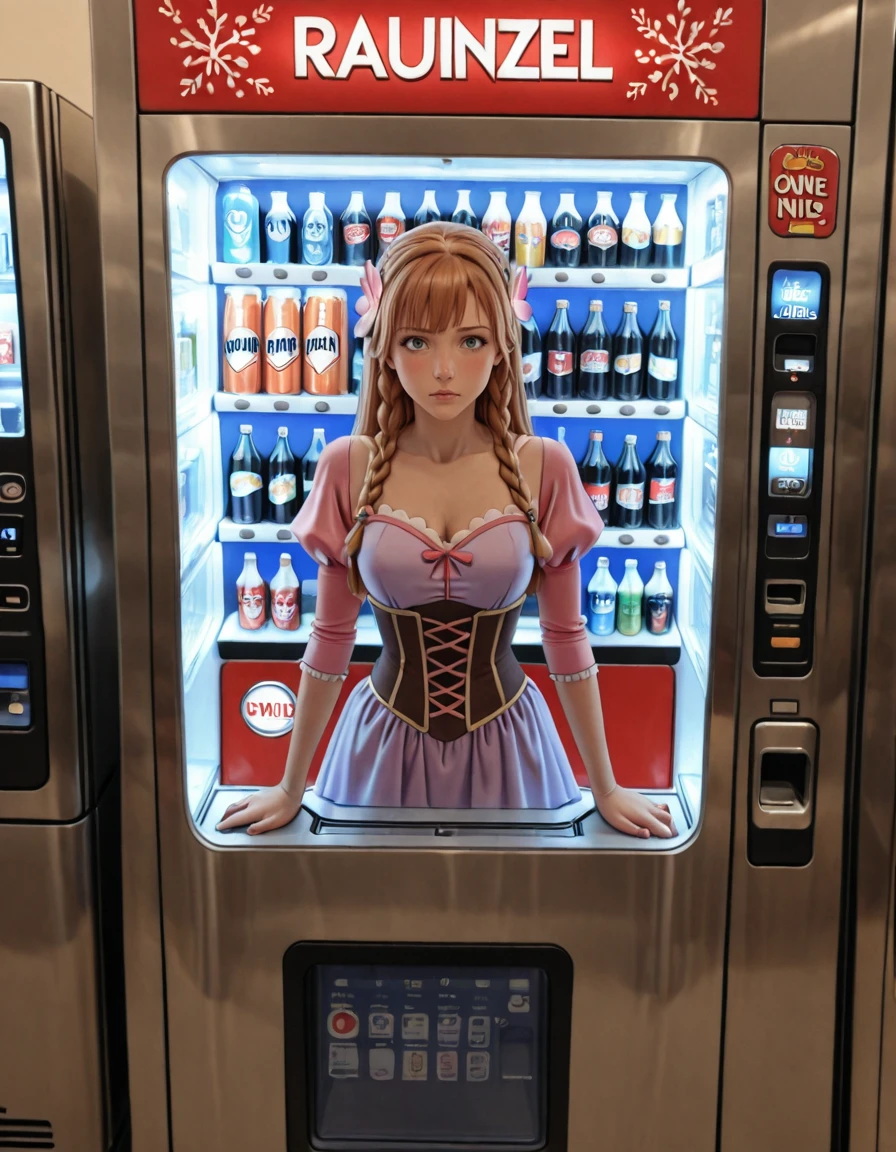anime artwork masterpiece, best quality,  <lora:VendingMachineQuiron_illus:1>    vendingMachineXXquiron,  trapped inside a salmon vending machine, stuck in  object, stuck, public use,  a coral vending machine , beer, soda, soft drinks,  glass of beer, beer bottle, wine bottle, vending_machine , trapped inside, against glass,   , solo, Rapunzel (Tangled): Rapunzel's signature dress is a lavender-colored gown with puffed sleeves and a corset-style bodice. The bodice is typically decorated with intricate lace or floral embroidery. The skirt flows out from the waist, made of layers of soft, pastel-colored fabric, such as chiffon or tulle. The layers add volume and movement to the dress, and some versions feature delicate floral patterns. Rapunzel's long, golden hair is often styled in braids or loose curls, sometimes adorned with flowers or ribbons. She may also wear a small tiara or crown to complete her princess look., . anime style, key visual, vibrant, studio anime,  highly detailed