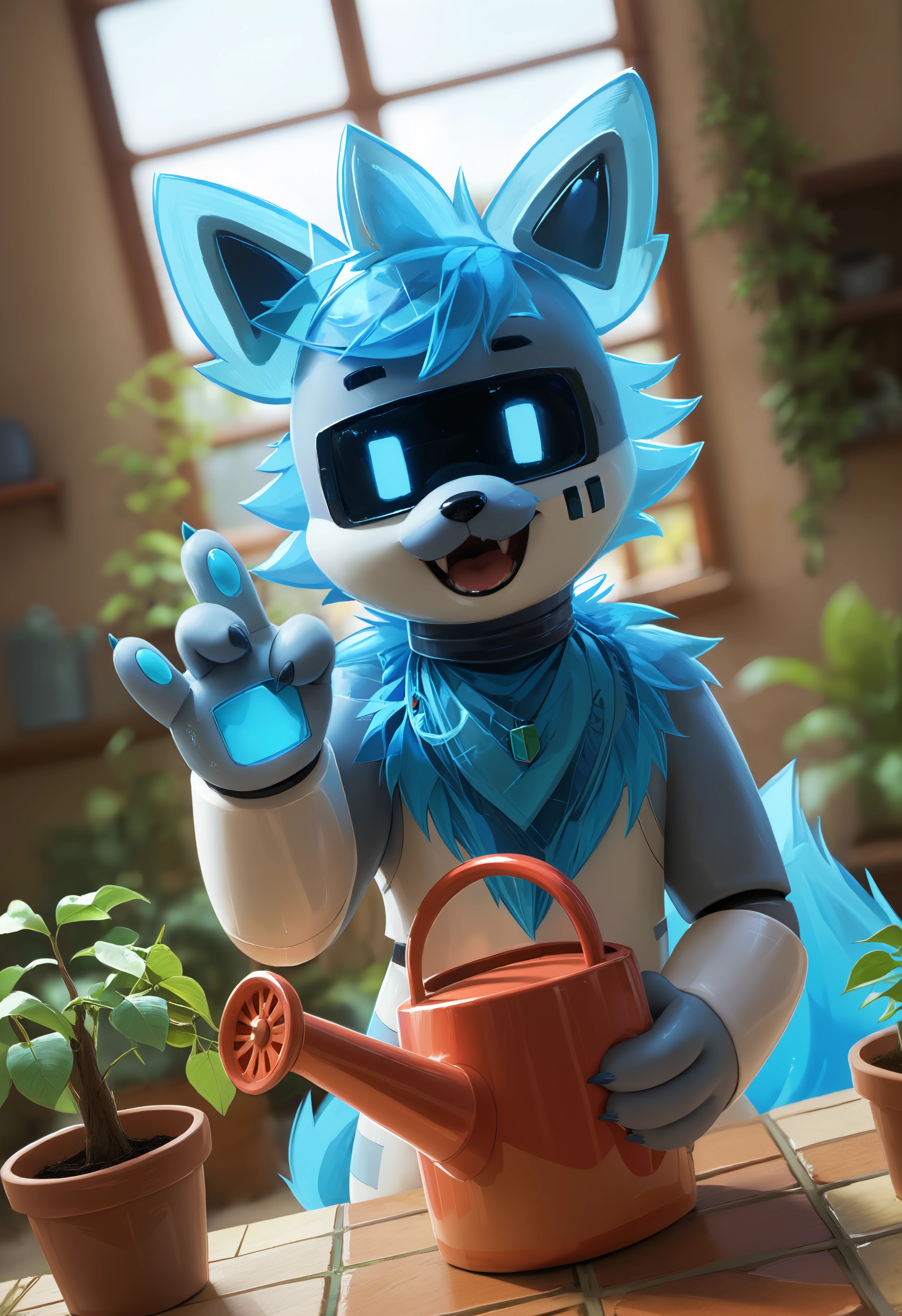 score_9, score_8_up, score_7_up, source_furry, high quality, hires, furry, anthro, looking at viewer, barefoot, adult, dutch angle, robot, pr0t0type, changed, solo, furry, tail, looking at viewer, open mouth, smile, standing, hand up, (upper body:1.15), fangs, waving, selfie, tail, ^_^, metal body, blue hair, (idea gesture:1.15), finger up, lab, upper body, sitting, watering can, plant, greenhouse, transparent fur, <lora:Prototype_Changed_Pony:0.7>