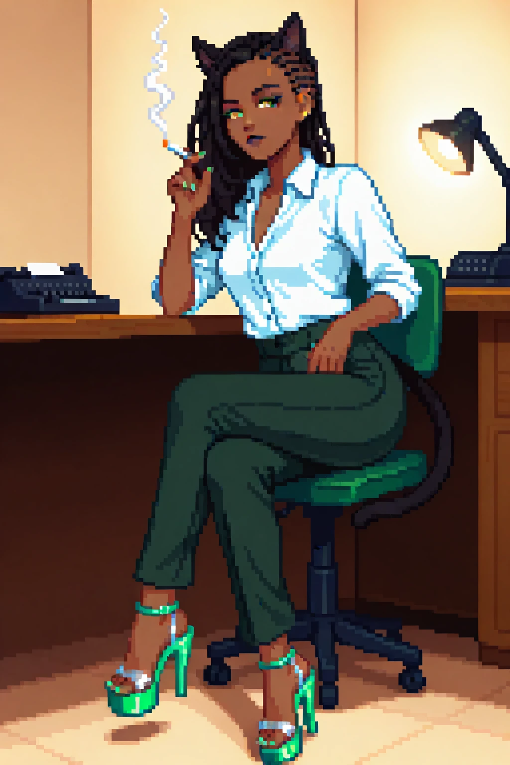 masterpiece, best quality. A full body image of a young beautiful woman. She is Dressed as a sexy private investigator, in a Collared Shirt, trousers, Platform Heels, Clear Heels, clear platform, Stripper Heels, Acrylic Heels, 6" Heels, 2" platform. toes, toenail polish. Confident, Proud, Alluring, Sitting in a chair, at a Desk, Legs Crossed, typewriter, Typing, mechanical typewriter, Smoky, Dark Room, Moody Lighting, Holding a Cigarette, Desk Lamp, Solo, perfect body, sexy, beautiful, eyeliner, Nail Polish. Pretty Nose. Anime, Pixel Art. pixelart. Pixel. SNES Graphics. SNES Style. tasteful sensuality, softcore. Sexy Cat Woman. Cat Ears, Cat Tail, Dark Skin, Long Hair, Dark Hair, (Cornrows:1.2), (Caribbean Woman:1.1), dark_skin, dark-skin, black woman. Small Breasts, Yellow Eyes,