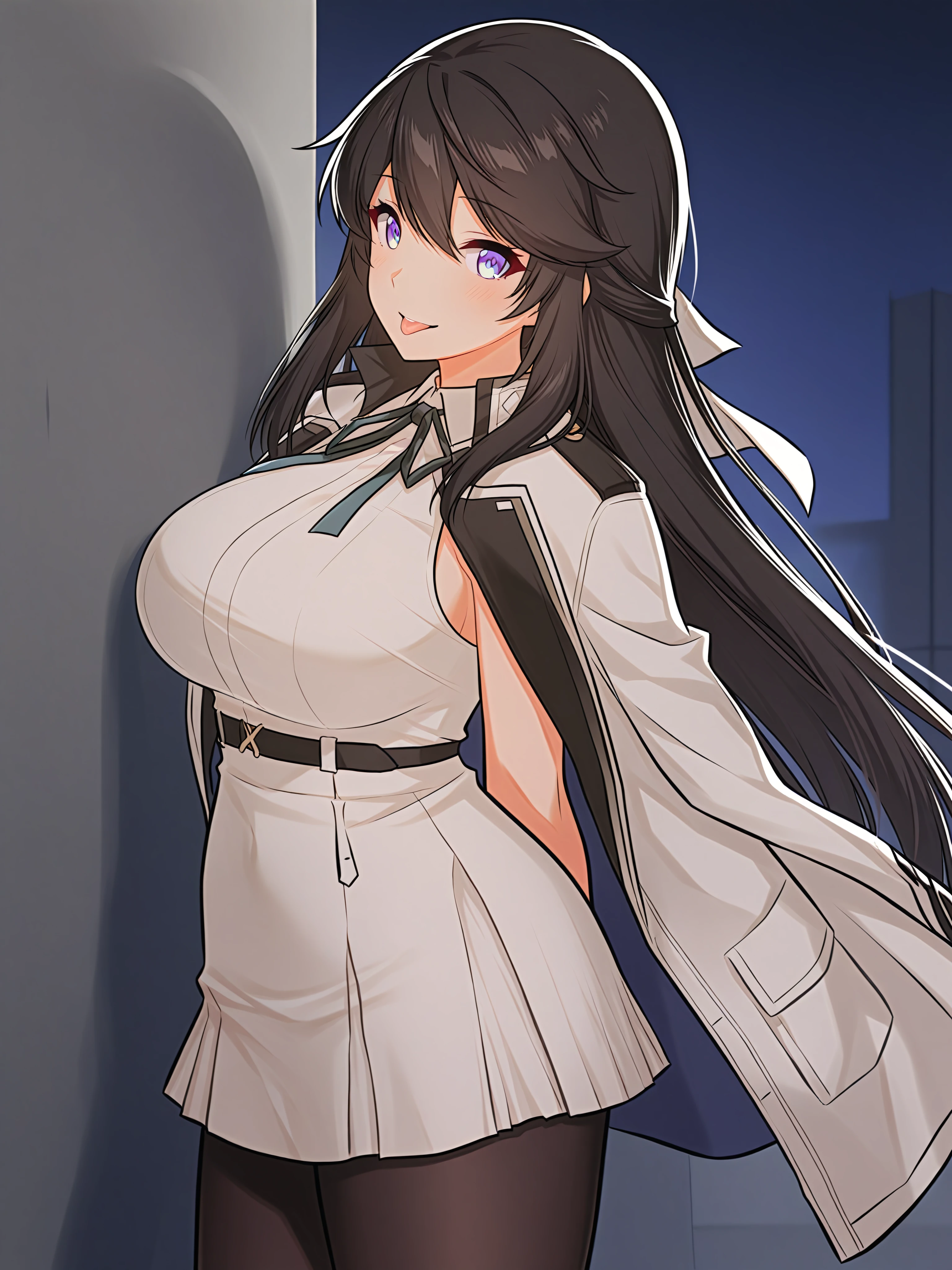 shin jia, 1girl, solo, long hair, black hair, blue eyes, breasts, jacket on shoulders, hand behind back, looking at viewer, ribbon, cute smile, tongue out, jacket, dark alleyway background, leaning on the wall, night, hair between eyes, shirt, large breasts, neck ribbon, sleeveless, parted lips, cowboy shot, white jacket, white skirt, black pantyhose, bangs, white shirt, normalform, from side view,
<lora:XL-ShinJiav3.5EX-B-ILXL:1>, (masterpiece),(best quality),(ultra-detailed),(best illustration),(best shadow),(absurdres),(detailed background),(very aesthetic),