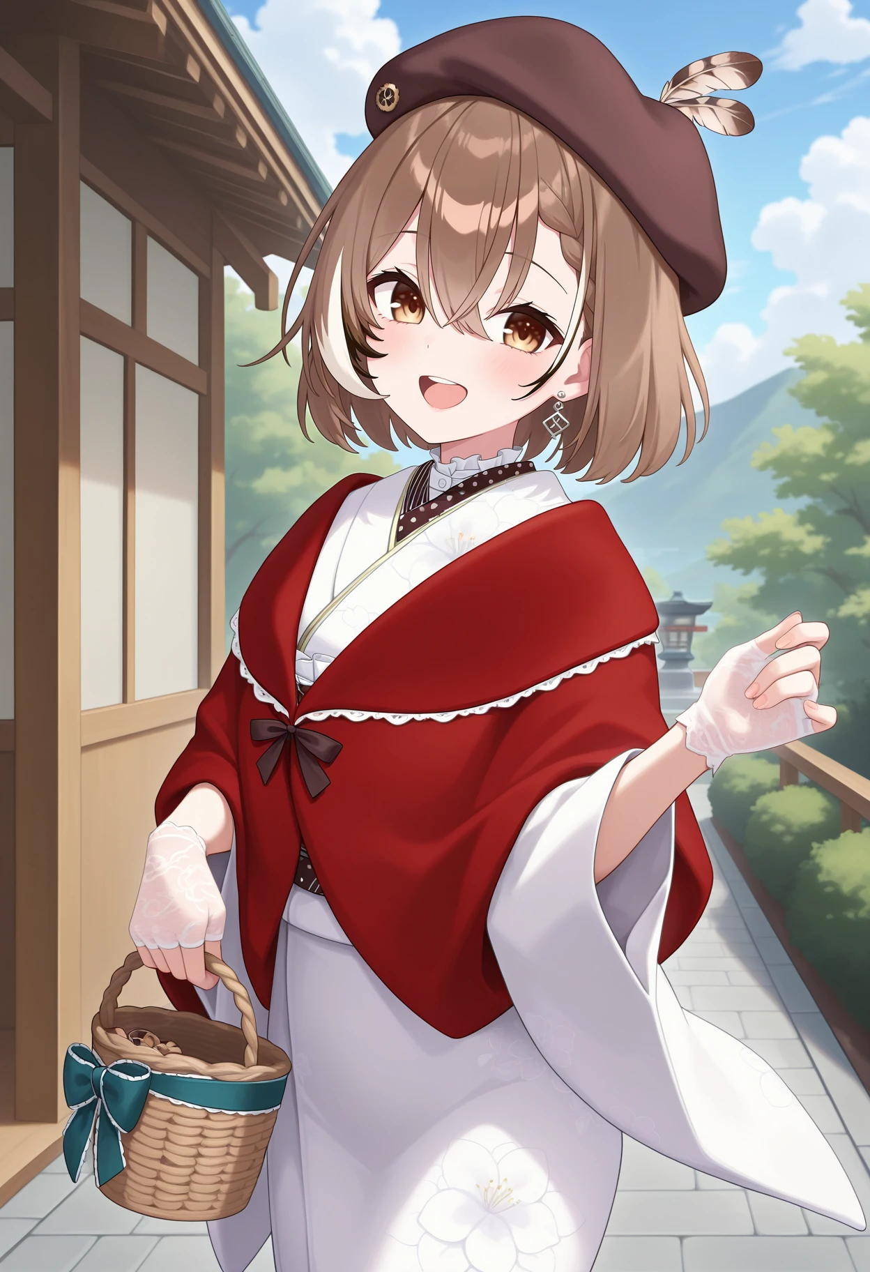best quality, masterpiece, 1girl, bbmumei, short hair, streaked hair, brown hair, braid, beret, brown headwear, single earring, brown eyes, red shawl, white kimono, wide sleeves, lace gloves, white gloves, fingerless gloves, <lora:nanashi_mumei_ilxl_v1:0.9>, standing, cowboy shot, open mouth, smile, holding basket, outdoors,