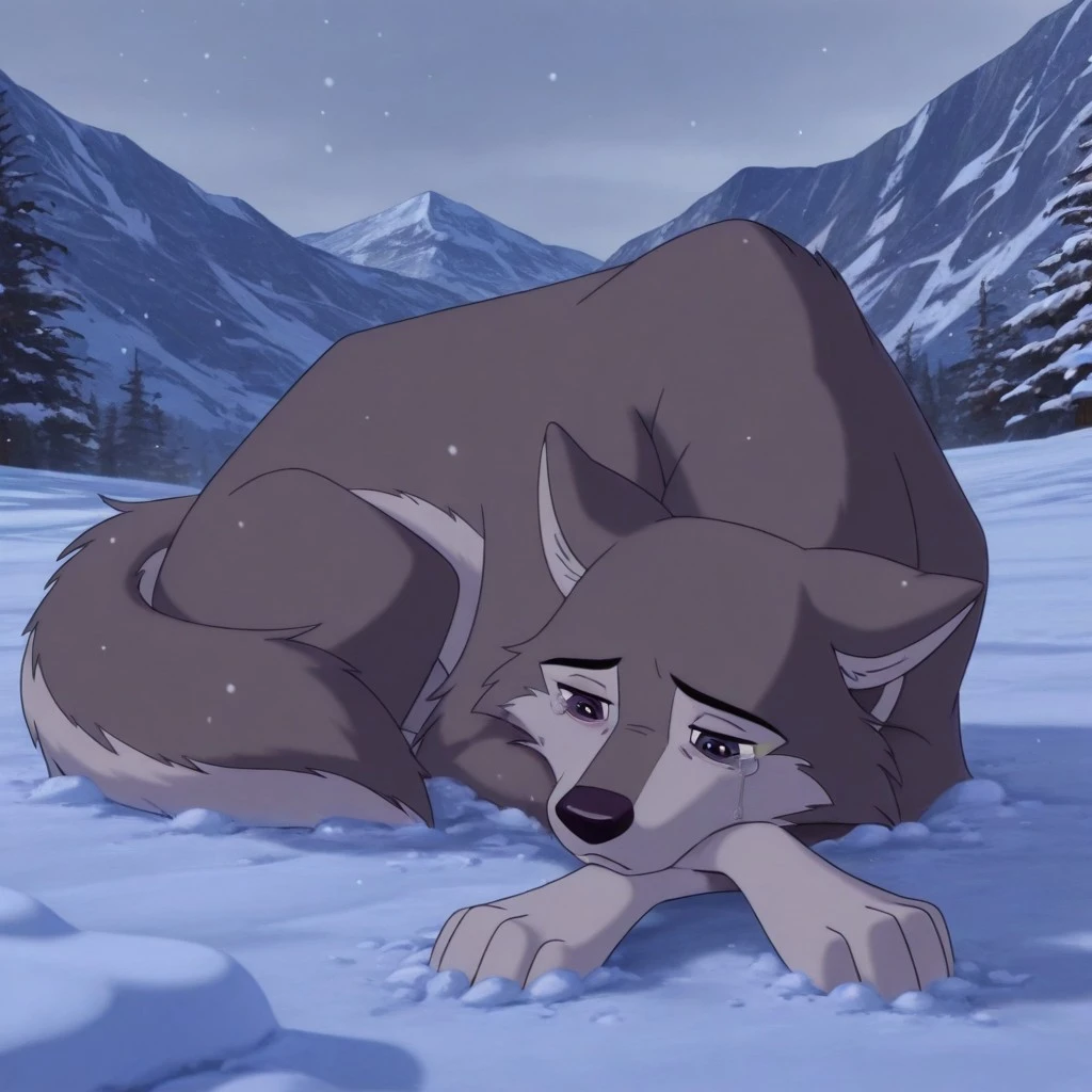score_9, score_8_up, score_7_up, source_furry, Dustyblto, husky, solo, feral, full body, sad, tears, head down, lying on stomach, lying in snow, snowing, mountains, Alaska location, masterpiece, best quality, amazing quality, absurdres, newest, high res, ultra detailed, best quality, best artwork, detailed eyes, (eyes focus), perfect eyes, big iris, pupils visible, 4k, ultra quality, perfect face