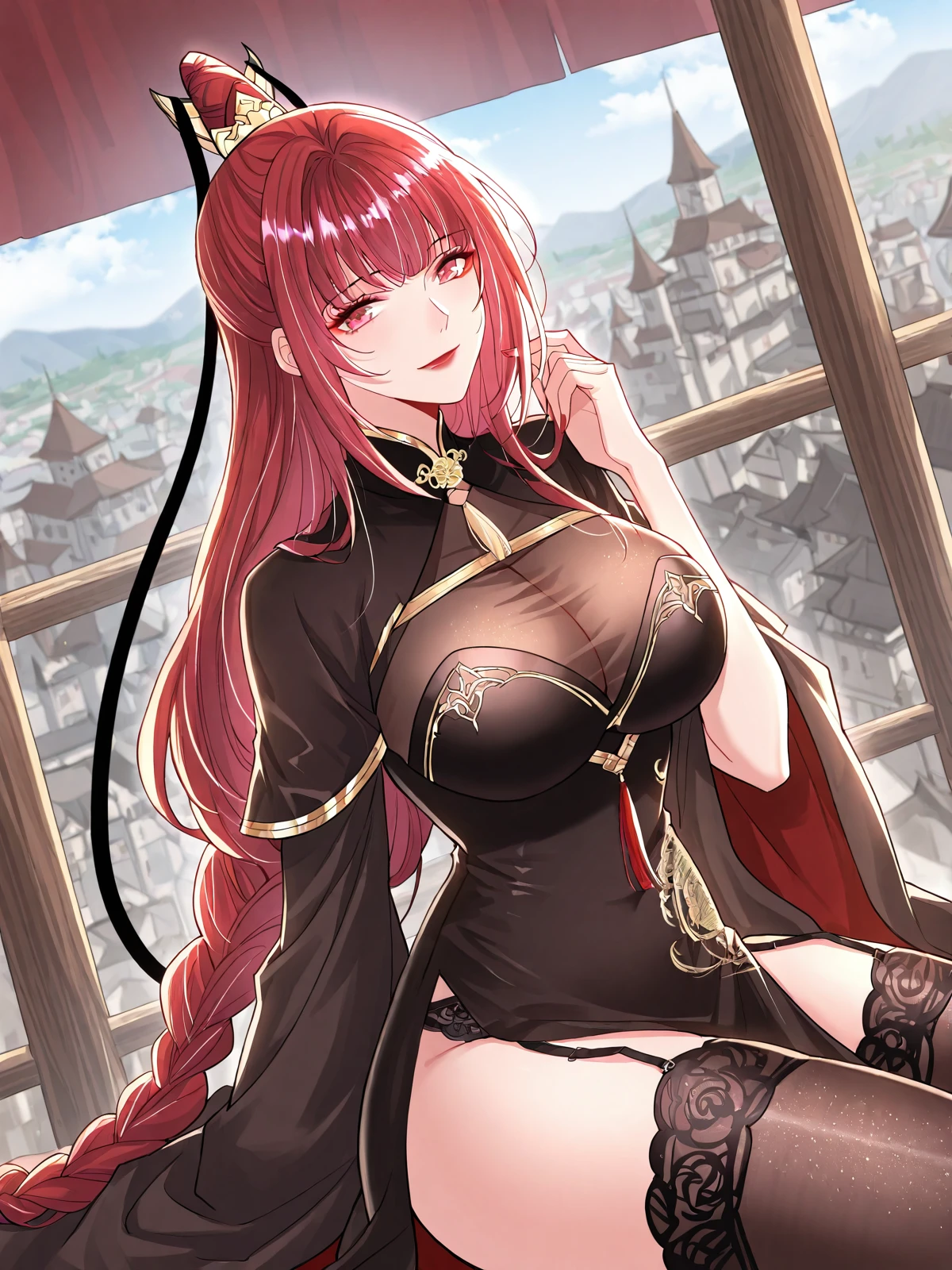 NSFW (en anglais seulement), pornographique, (((bimbo))),1 succube coquine, posing, corps entier, Vue de face, textured breasts, puffy lips, dark lipstick, thick lips, scarlet red hair, long messy hair, mascara, (YEUX JAUNE DOR), ((huge breasts)), Demon outfit, Demonic wing, queue de succube, corne, look coquin, superbe face, vie nocturne, Ville nocturne, Ville fantasy, paysage urbain fantasy. bordel, Palace in the background, night club. Light from the inside