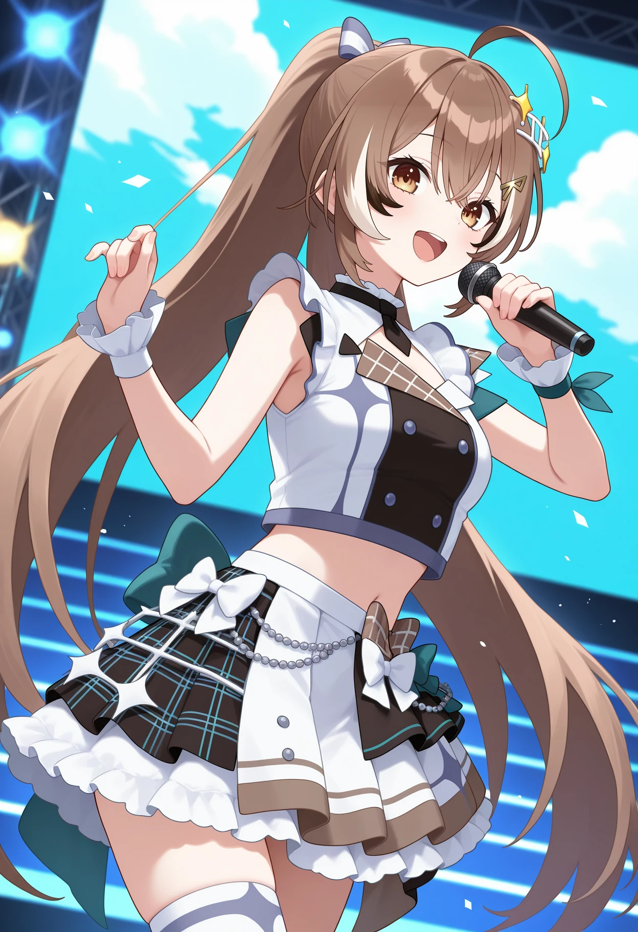 best quality, masterpiece, 1girl, eemumei, long hair, streaked hair, brown hair, ponytail, brown eyes, ahoge, single thighhigh, frilled skirt, long sleeves, hair bow, hair ornament, hairclip, idol clothes, white shirt, midriff, single sleeve, wrist cuffs, bow, white skirt, multicolored skirt, white thighhighs, <lora:nanashi_mumei_ilxl_v1:0.9>, standing, cowboy shot, stage, singing, smile, open mouth, holding microphone,