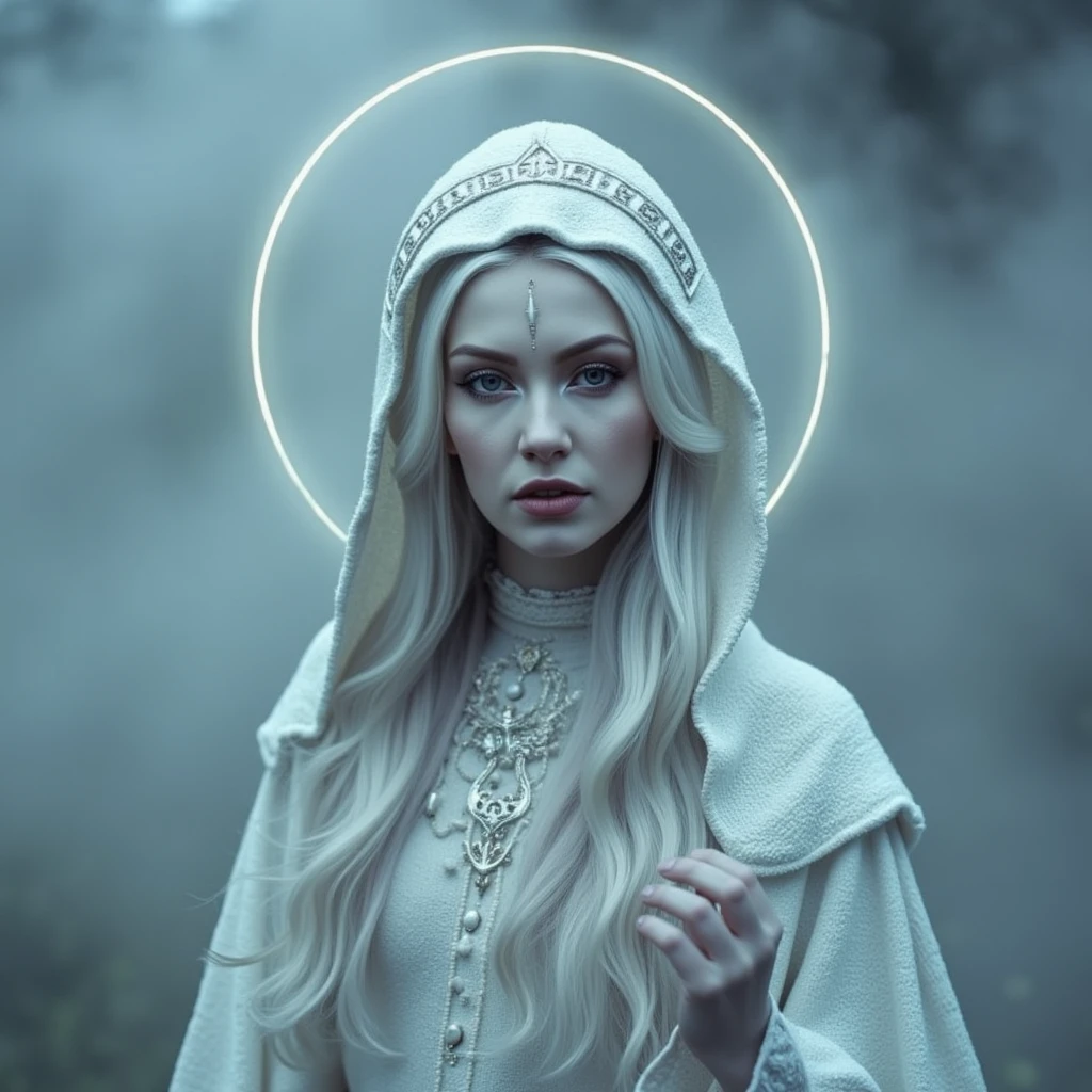 Ultra quality, ultra detailed colors and textures, ultra realistic, ultra lighting, cinematic, ethereal atmosphere, ethereal woman, analog photography, analog half-body shot of a noble spiritual healer standing before a sheer veil of fog, wearing a snow-white high-necked gown adorned with embroidered runes, a fine silver circlet resting gently on her forehead, pale hair glowing faintly in soft ambient light, her eyes open and steady, lips slightly parted in silent mantra, shot on Leica M6 with Ilford Delta 3200, grainy monochrome elegance, dreamlike poise and sacred mystery,mgdssv2