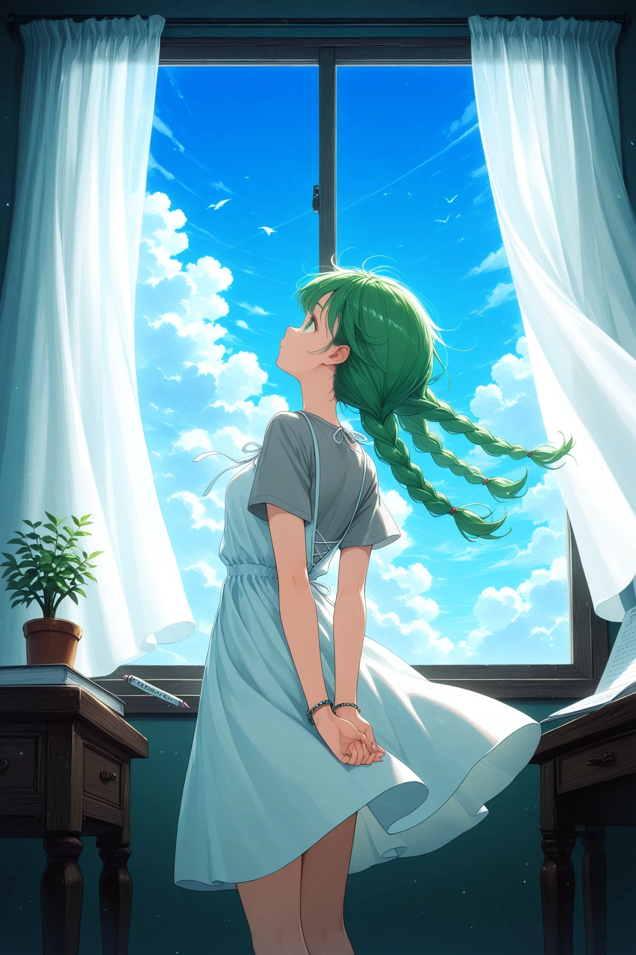 1girl, solo, dynamic,
sky, hand in own hair, dress, hands, writing, window, bracelet, eyebrows hidden by hair, day, standing, wind, short sleeves, braid, grey shirt, arms behind back, hug, hand to own mouth,
shirt, cloudy sky, curtains, outstretched arms, looking up, twin braids, floating clothes, from side, white dress, long hair, green hair, masterpiece, best quality