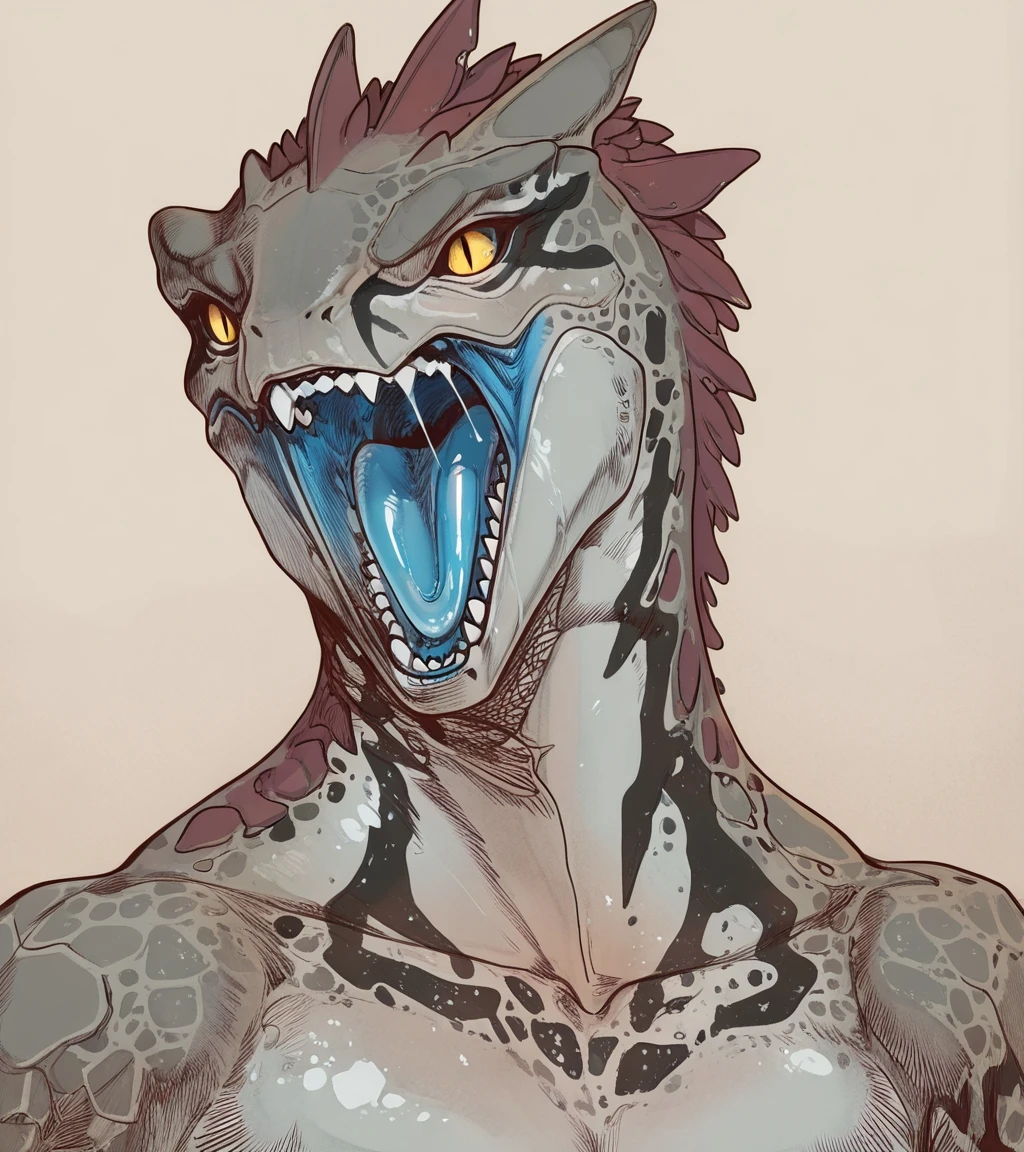solo
BREAK
male, scalie, anthro, (yuh1ss, lizardman, reptile), dark grey stripe, spots, body markings, grey body, yellow eyes, black sclera, slit pupils, light belly, sharp teeth, blue mouth, blue tongue, maroon hair, pecs
BREAK
nude
BREAK
upper body, angry, expressive, upper body, open mouth, roaring, yelling, saliva
BREAK
3kz0nzz, high quality, highres, beautiful, detailed, masterpiece, best quality, absurdres, 8k, HDR, simple background, front view, face focus, close-up