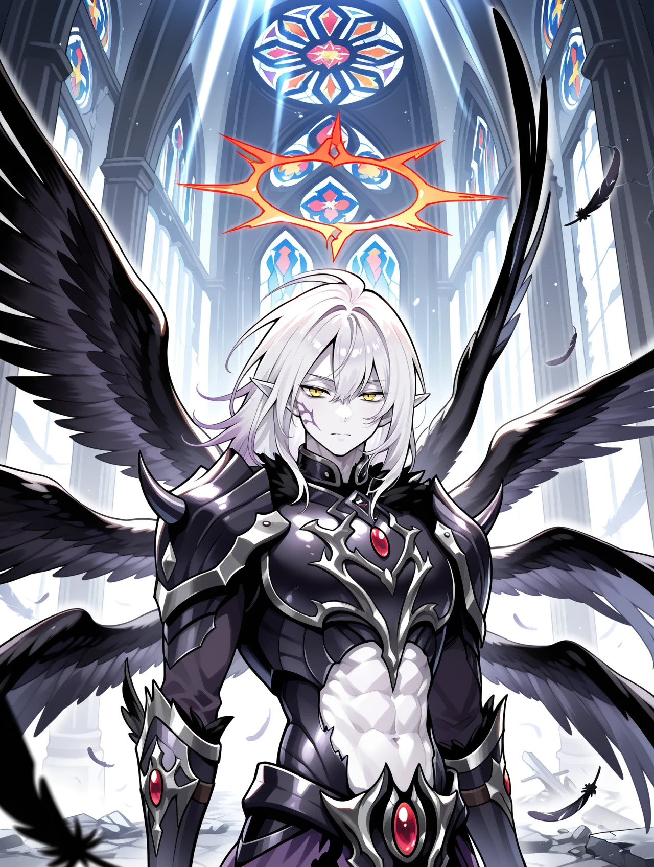 1boy,the first darklord,solo,male focus,black feathers,white skin,red halo,angel,light rays,abs,upper body,closed mouth,black angel wings,black armor,black breastplate,black pauldrons,black vambraces,purple pelvic curtain,multiple wings,ruins,church,stained glass,outdoors,
masterpiece,best quality,amazing quality,very aesthetic,absurdres,newest,<lora:The first DarkLord illusXL v1:0.77>,<lora:wai-2Rectified-V140:0.7>,