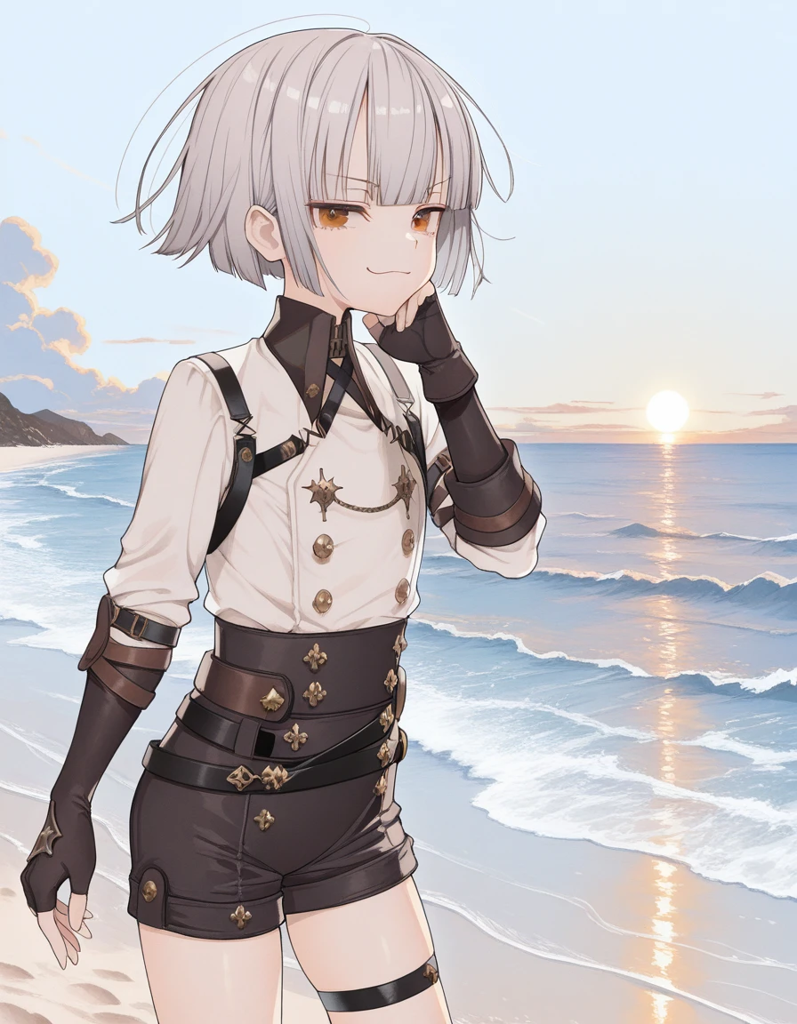 masterpiece, best quality, amazing quality,, <lora:towatsugai-suzume-illustriousxl-lora-nochekaiser:1>, suzume, short hair, bangs, brown eyes, grey hair, androgynous,, shirt, gloves, long sleeves, white shirt, shorts, black gloves, collared shirt, belt, fingerless gloves, thigh strap, black shorts, single glove, head rest, smug, beach, sand, waves, sun, ocean, cowboy shot, solo, looking at viewer